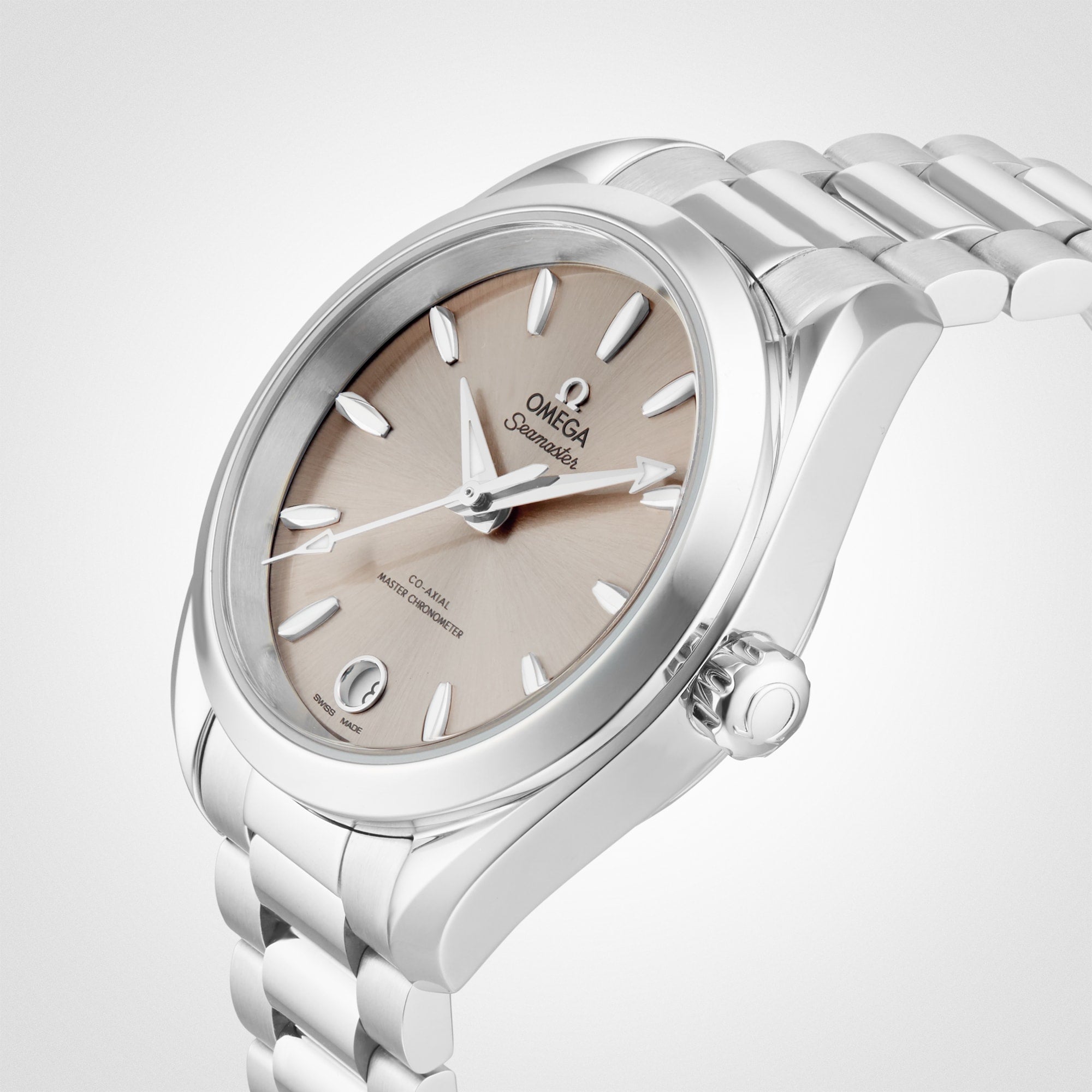The OMEGA Seamaster Aqua Terra 150M, featuring a silver case, metallic bracelet, beige dial with silver hour markers, and a date window at 6 o’clock (Master Chronometer 8800 calibre), is shown angled on a white background.