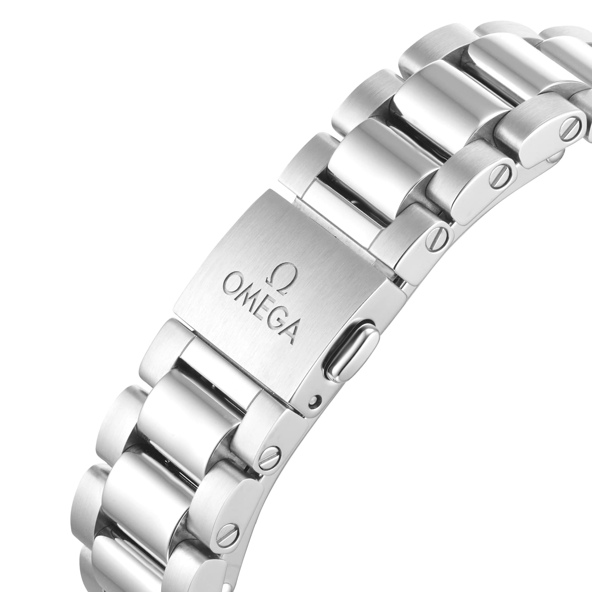 Close-up of an OMEGA Seamaster Aqua Terra 150M stainless steel bracelet clasp, engraved with the OMEGA logo—a refined detail that highlights its maritime heritage.