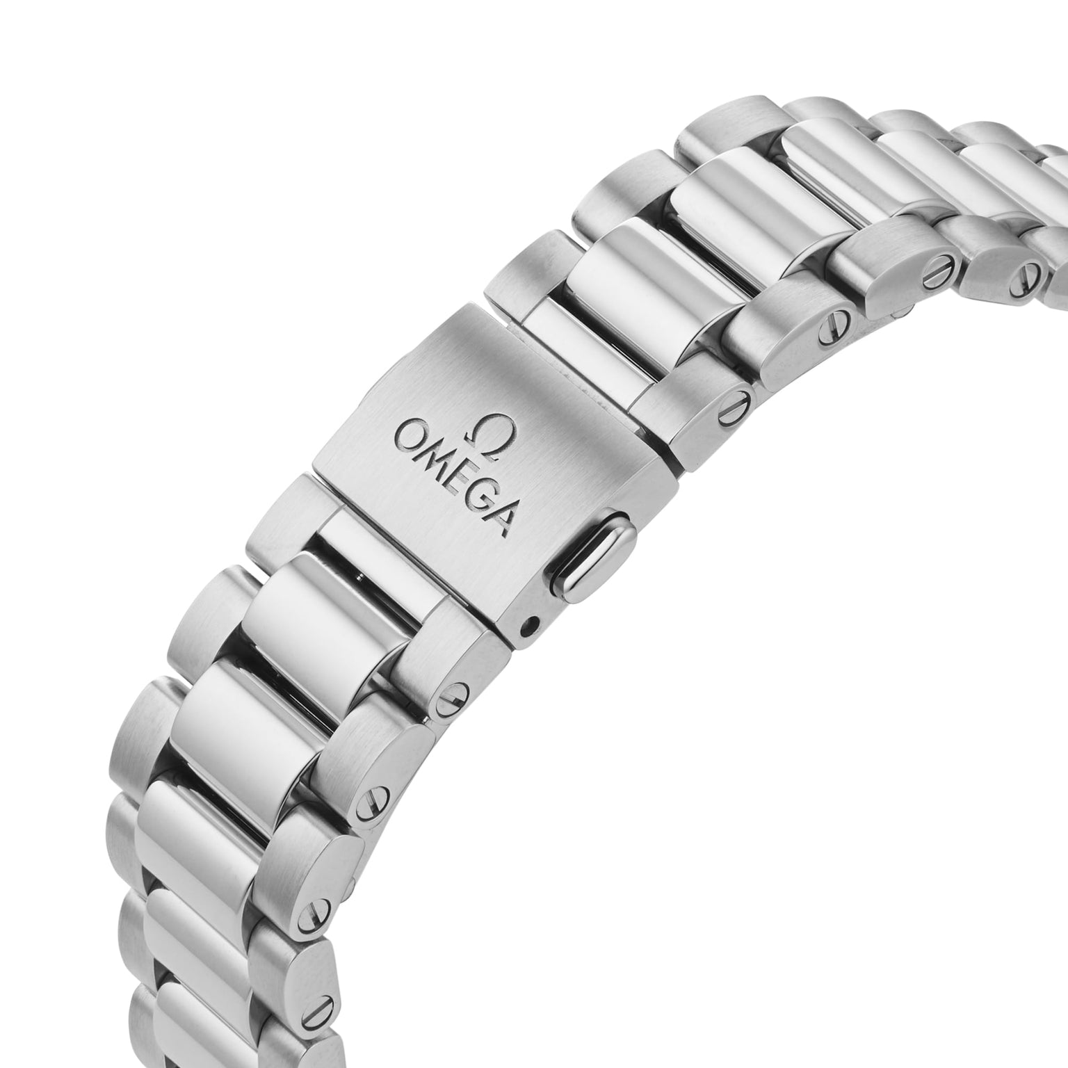 Close-up of an OMEGA Seamaster Aqua Terra 150M stainless steel bracelet, showcasing its folding clasp with the iconic OMEGA logo, reflecting the collection’s maritime heritage.