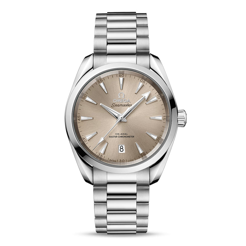 The OMEGA Seamaster Aqua Terra 150M features a stainless steel case, sandstone dial, silver markers and hands, date at 6 o’clock, and metal bracelet—showcasing OMEGA’s storied maritime heritage.