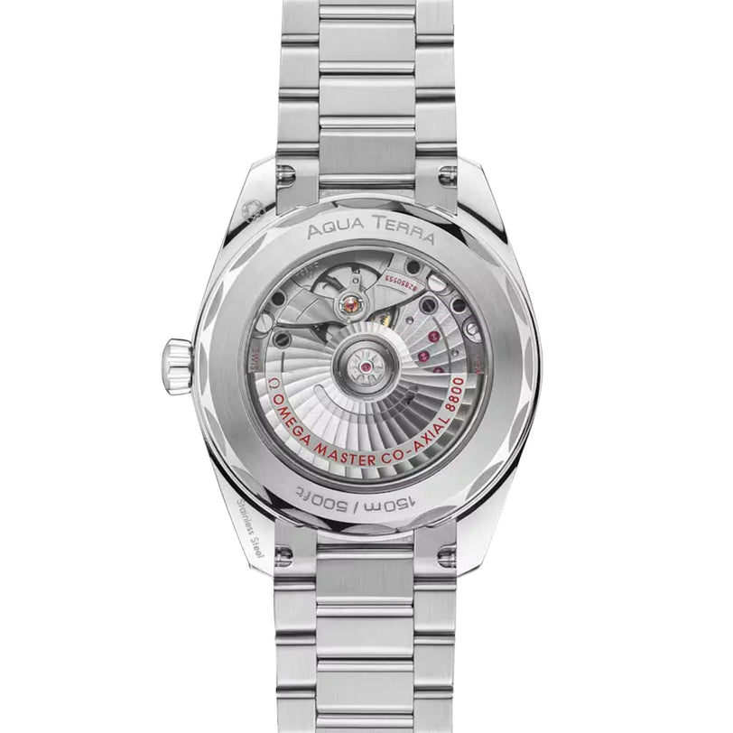 Back view of the OMEGA Seamaster Aqua Terra 150M, highlighting its heritage and 8800 calibre movement through a transparent case back with detailed engravings.