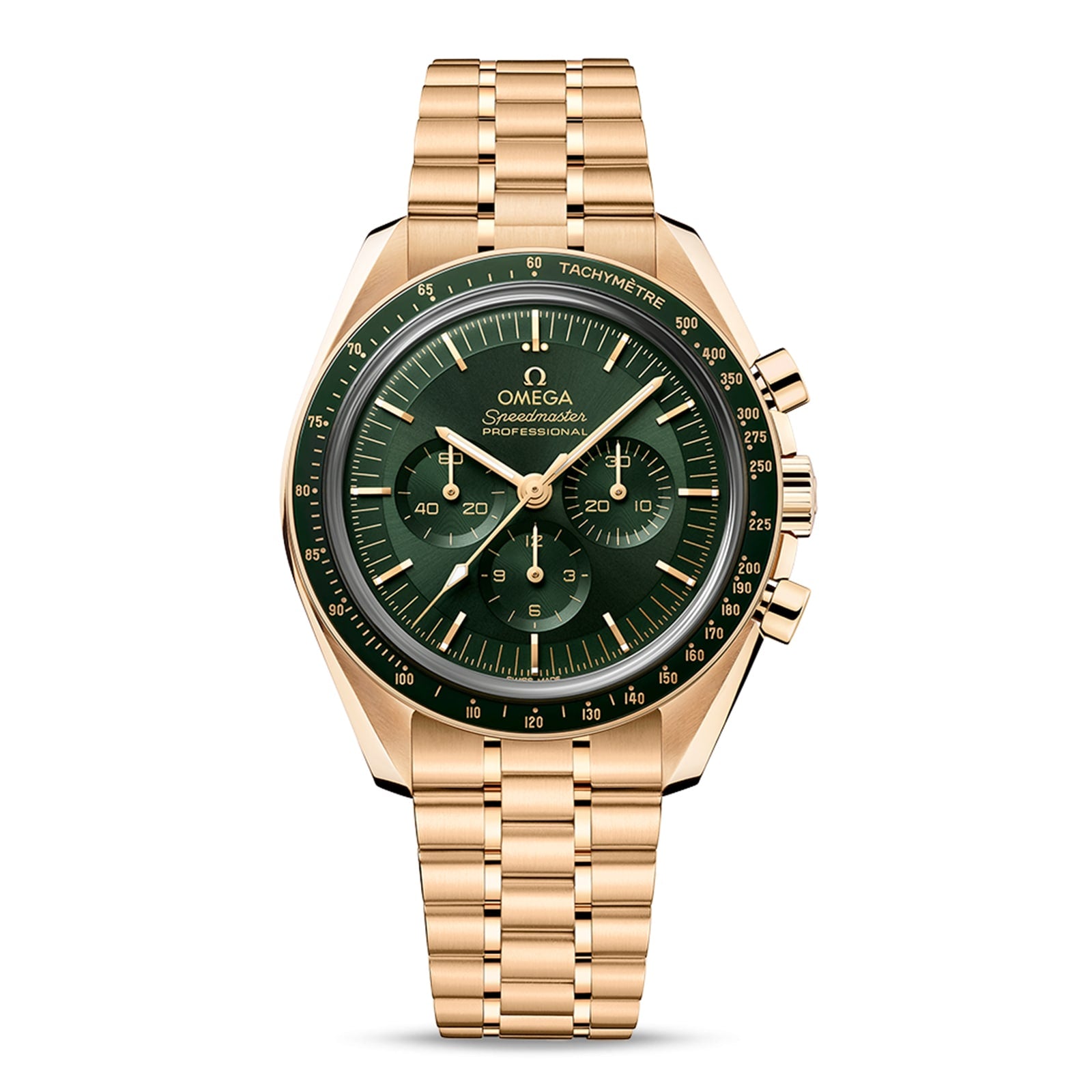 An OMEGA Speedmaster Moonwatch Professional in gold, featuring a green dial, three subdials, tachymeter bezel, and 18K Moonshine™ gold bracelet, is photographed against a plain white background.