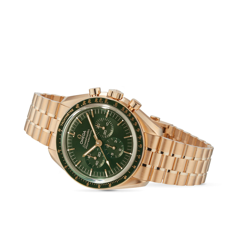 The OMEGA Speedmaster Moonwatch Professional, crafted in 18K Moonshine™ gold with a green dial, multiple subdials, and a metal bracelet, is shown against a white background.