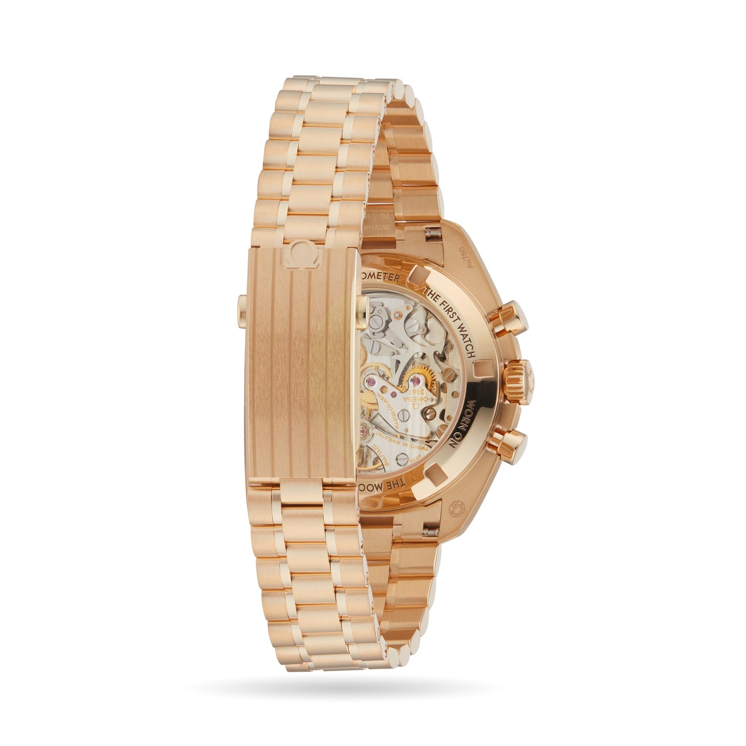 A close-up of the back of an OMEGA Speedmaster Moonwatch Professional shows its metal link band, transparent case back, and visible internal gears.