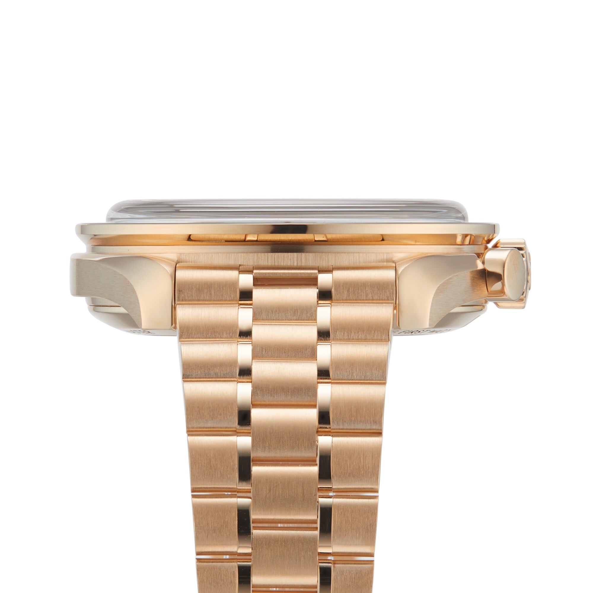 Side view of the OMEGA Speedmaster Moonwatch Professional, showcasing its 18K Moonshine™ gold round case, flat glass face, crown, and linked bracelet.