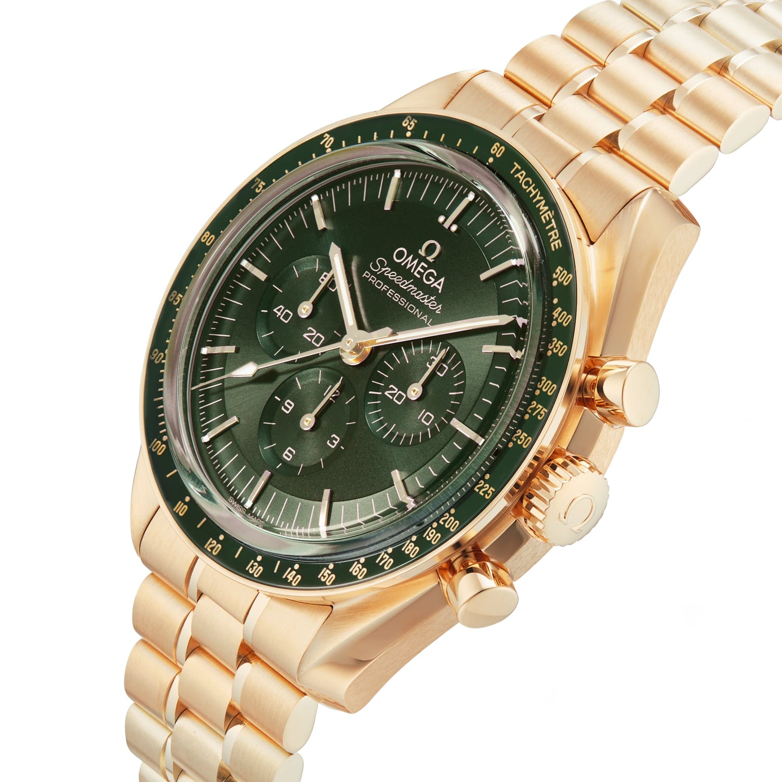 An OMEGA Speedmaster Moonwatch Professional chronograph wristwatch with a green dial and 18K Moonshine™ gold bracelet, pictured at an angle on a white background.