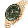 An OMEGA Speedmaster Moonwatch Professional chronograph wristwatch with a green dial and 18K Moonshine™ gold bracelet, pictured at an angle on a white background.