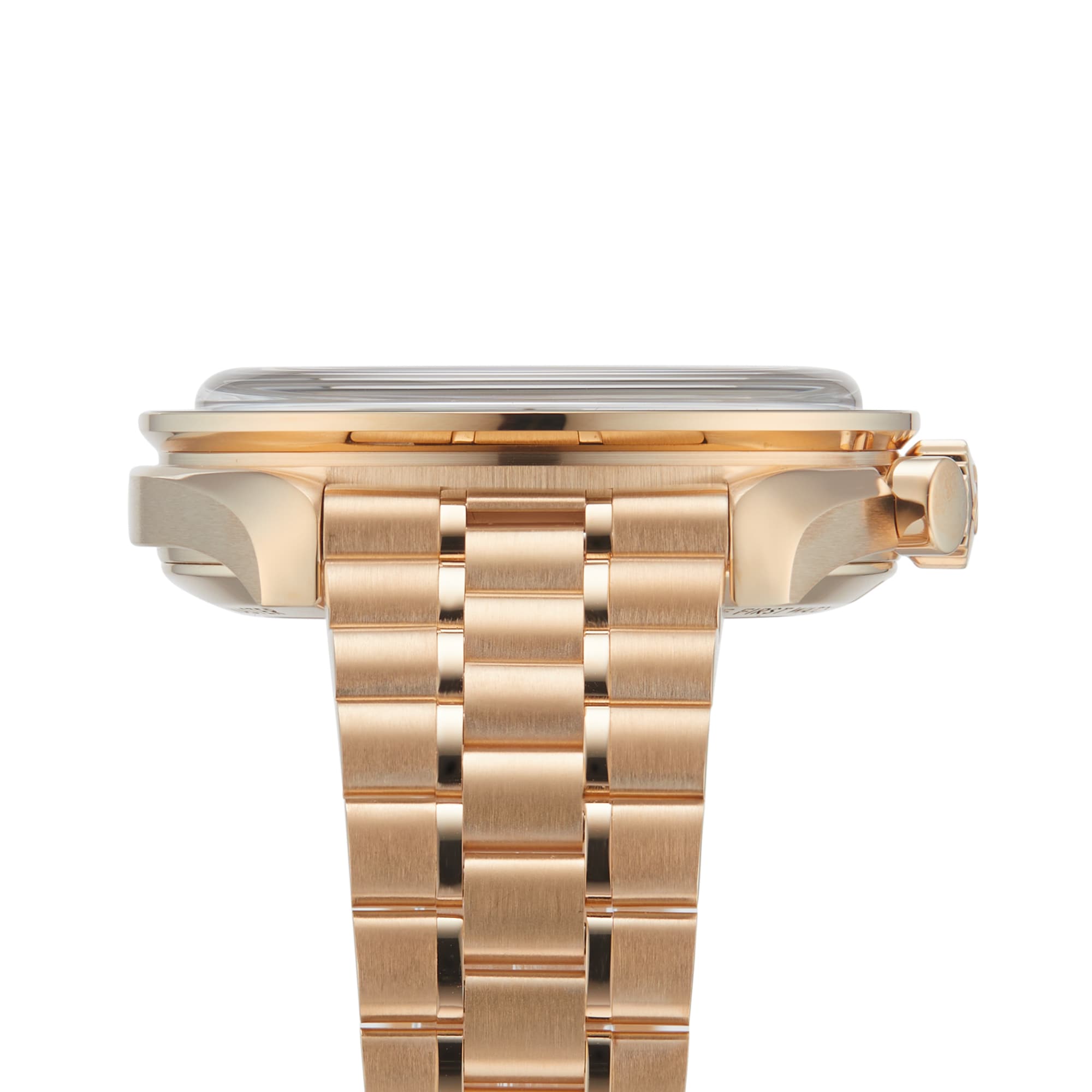 Side view of the OMEGA Speedmaster Moonwatch Professional featuring a gold metal link band, Moonshine™ dial, and a round crown positioned on the right side.