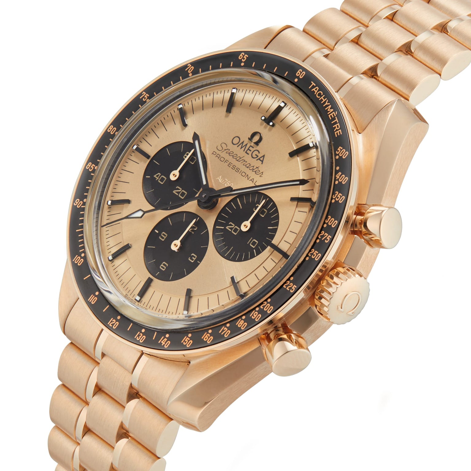 The OMEGA Speedmaster Moonwatch Professional features a gold case and bracelet, black subdials, a black tachymeter bezel, and is crafted to Master Chronometer standards.