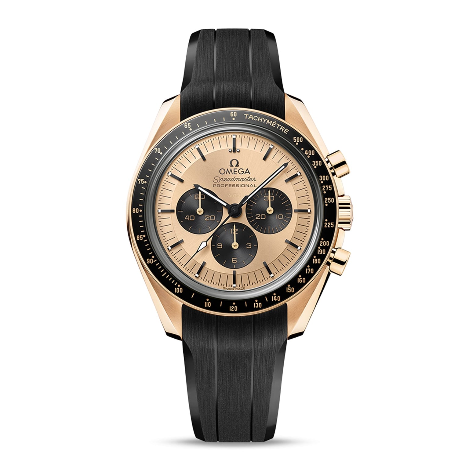 The OMEGA Speedmaster Moonwatch Professional features a gold case, black bezel, gold dial with black subdials, and a black rubber strap. It is powered by the OMEGA Co-Axial Master Chronometer movement and shown against a white background.