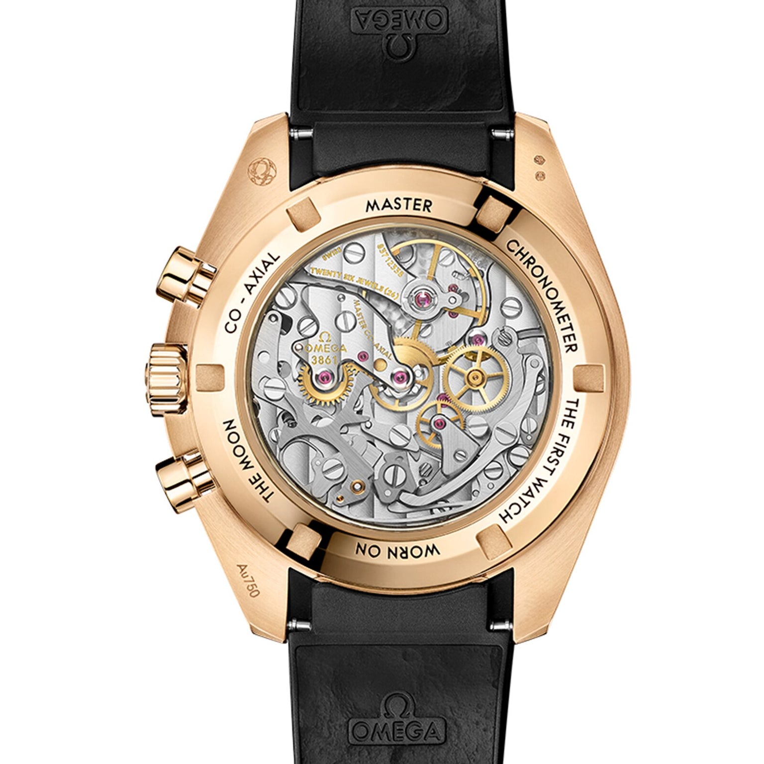 Back view of the OMEGA Speedmaster Moonwatch Professional, showing its exposed mechanical movement, gold case, black leather strap, and engraved text around the edge.