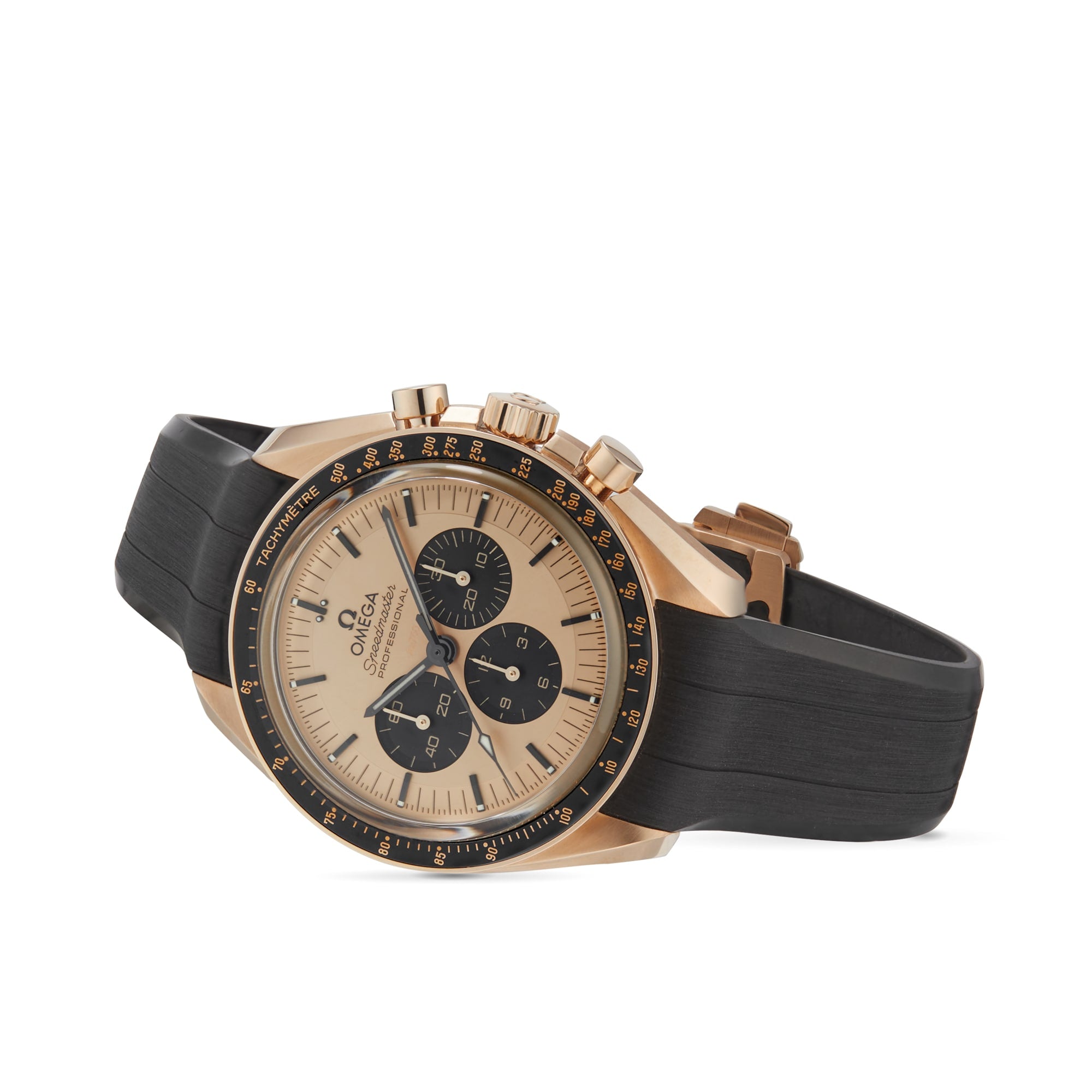 An OMEGA Speedmaster Moonwatch Professional wristwatch in gold and black, featuring a black strap, three subdials, and a tachymeter bezel, displayed at an angle.