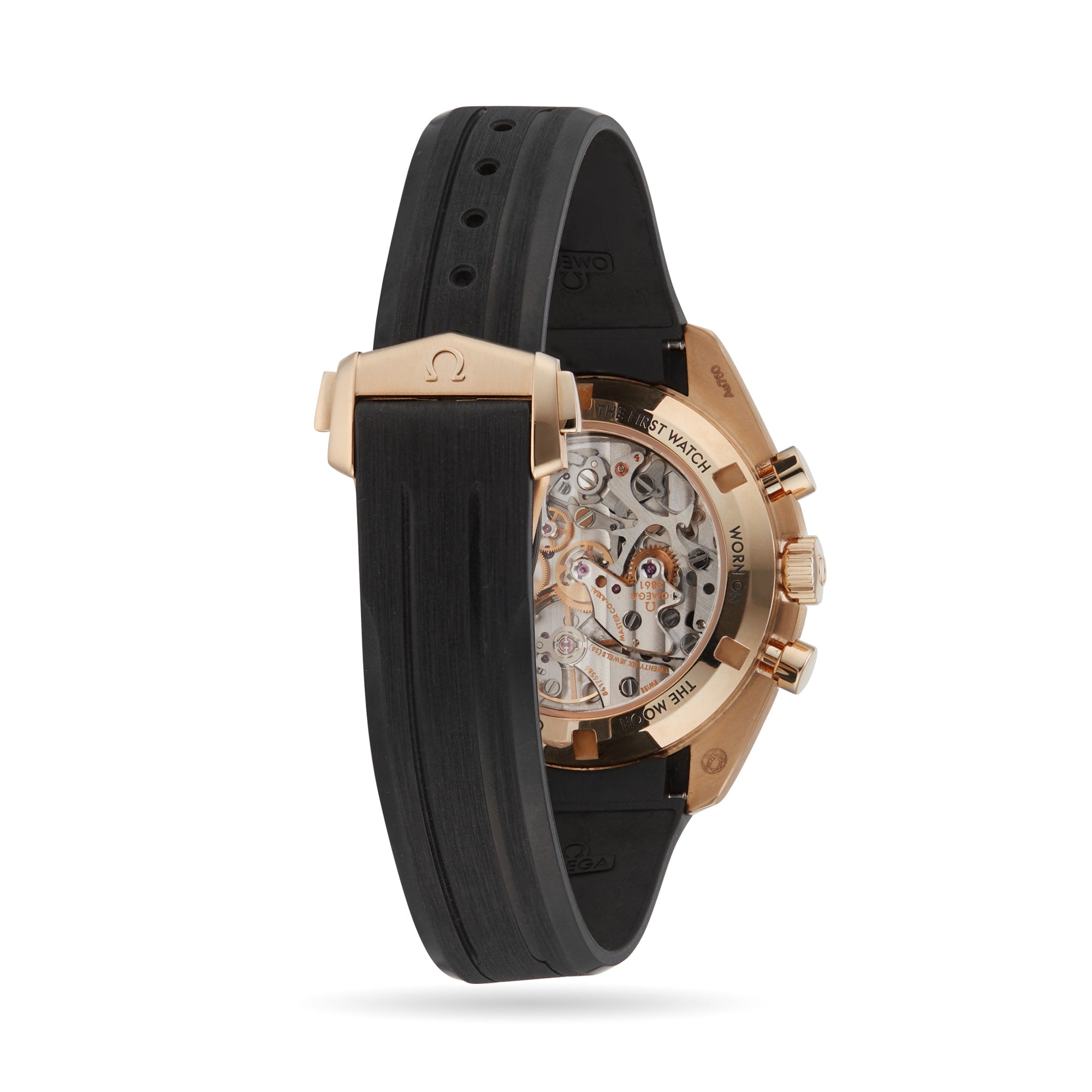 The OMEGA Speedmaster Moonwatch Professional pairs a black rubber strap with a rose gold case and showcases its OMEGA Co-Axial Master Chronometer movement through a transparent case back.