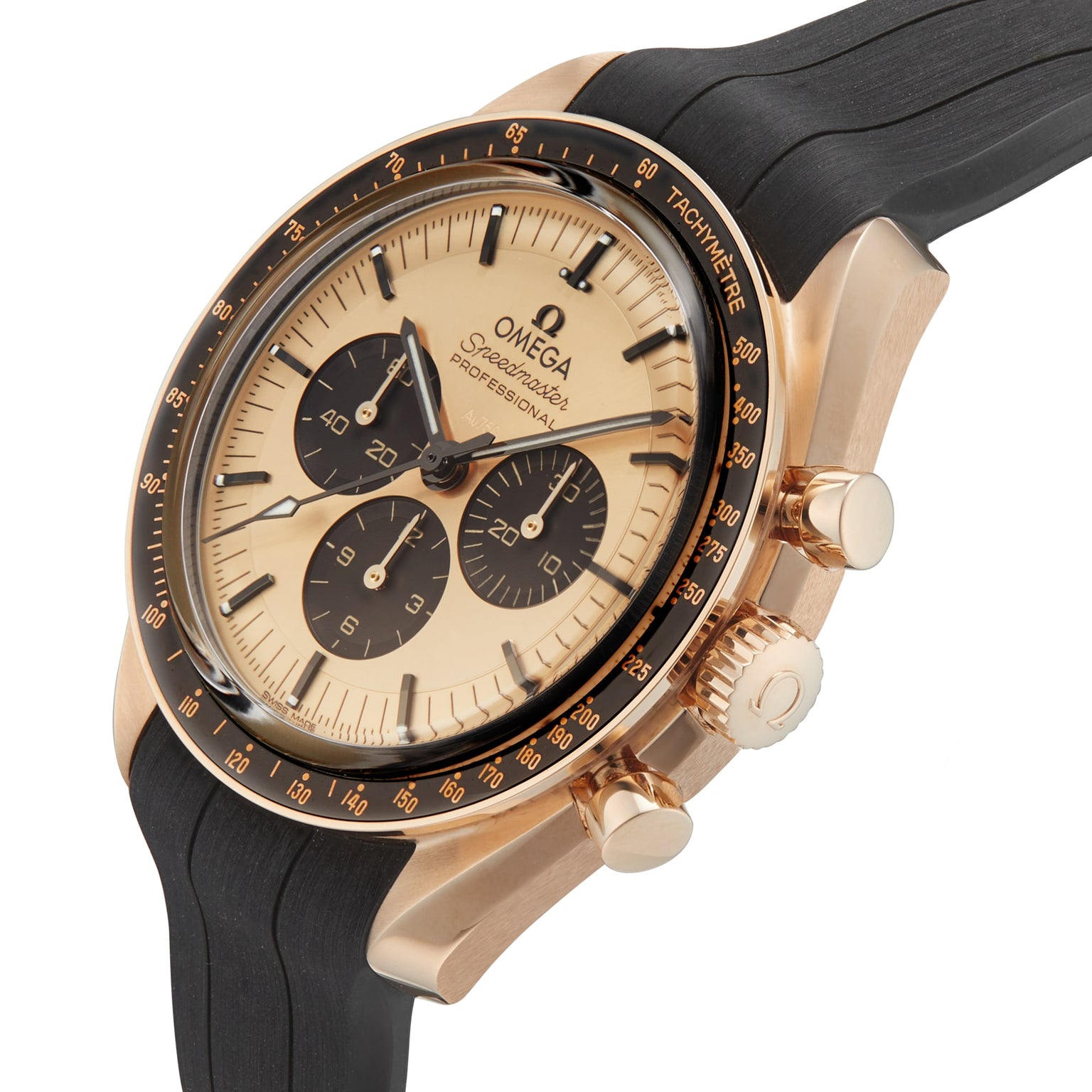 The OMEGA Speedmaster Moonwatch Professional features a gold case, black bezel, cream dial with black subdials, and a stylish black rubber strap.