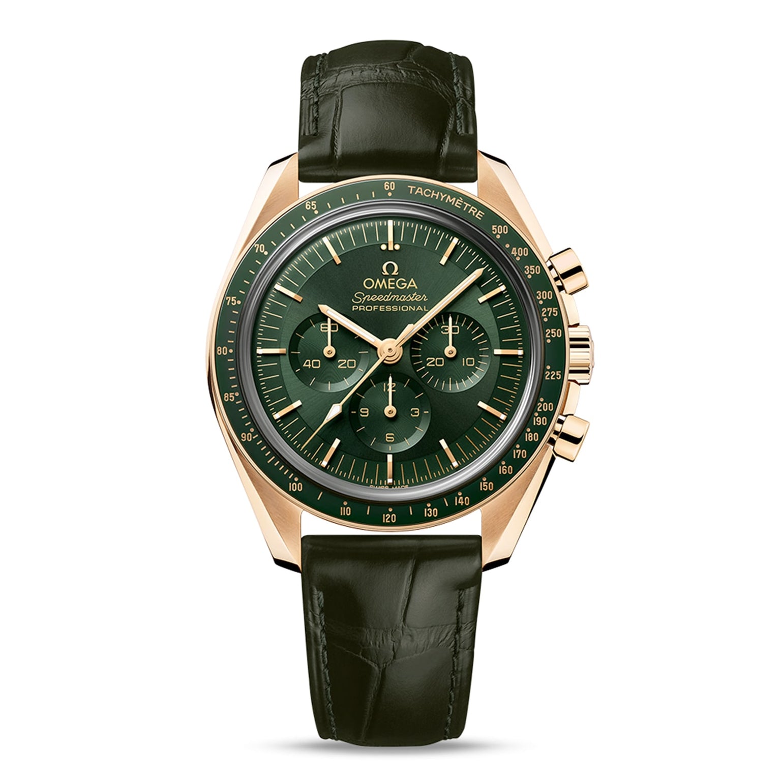 An OMEGA Speedmaster Moonwatch Professional wristwatch featuring a gold case, green dial with chronograph subdials, gold markers, and a dark green leather strap.