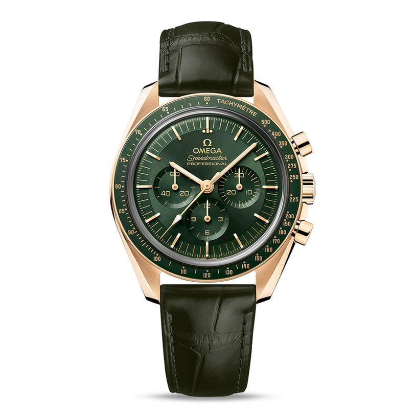 An OMEGA Speedmaster Moonwatch Professional wristwatch featuring a gold case, green dial with chronograph subdials, gold markers, and a dark green leather strap.