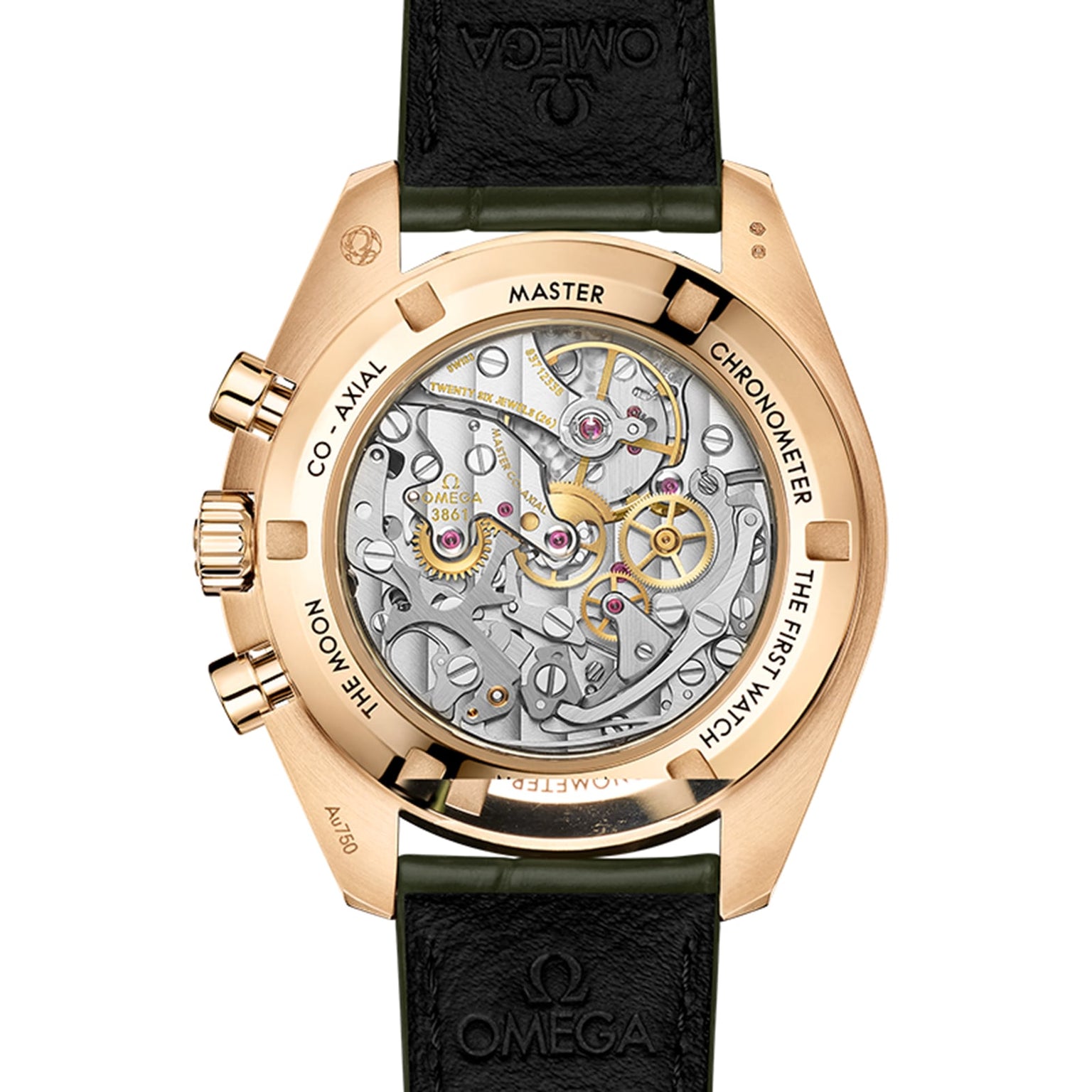 Back view of the OMEGA Speedmaster Moonwatch Professional displaying its exposed mechanical movement, gold case, black leather strap, and engraved text around the case back.