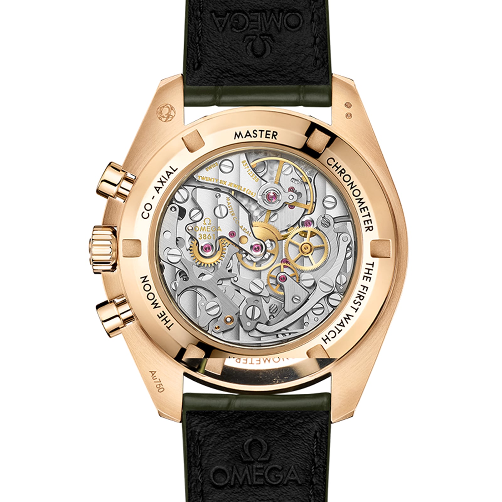 Back view of the OMEGA Speedmaster Moonwatch Professional displaying its exposed mechanical movement, gold case, black leather strap, and engraved text around the case back.