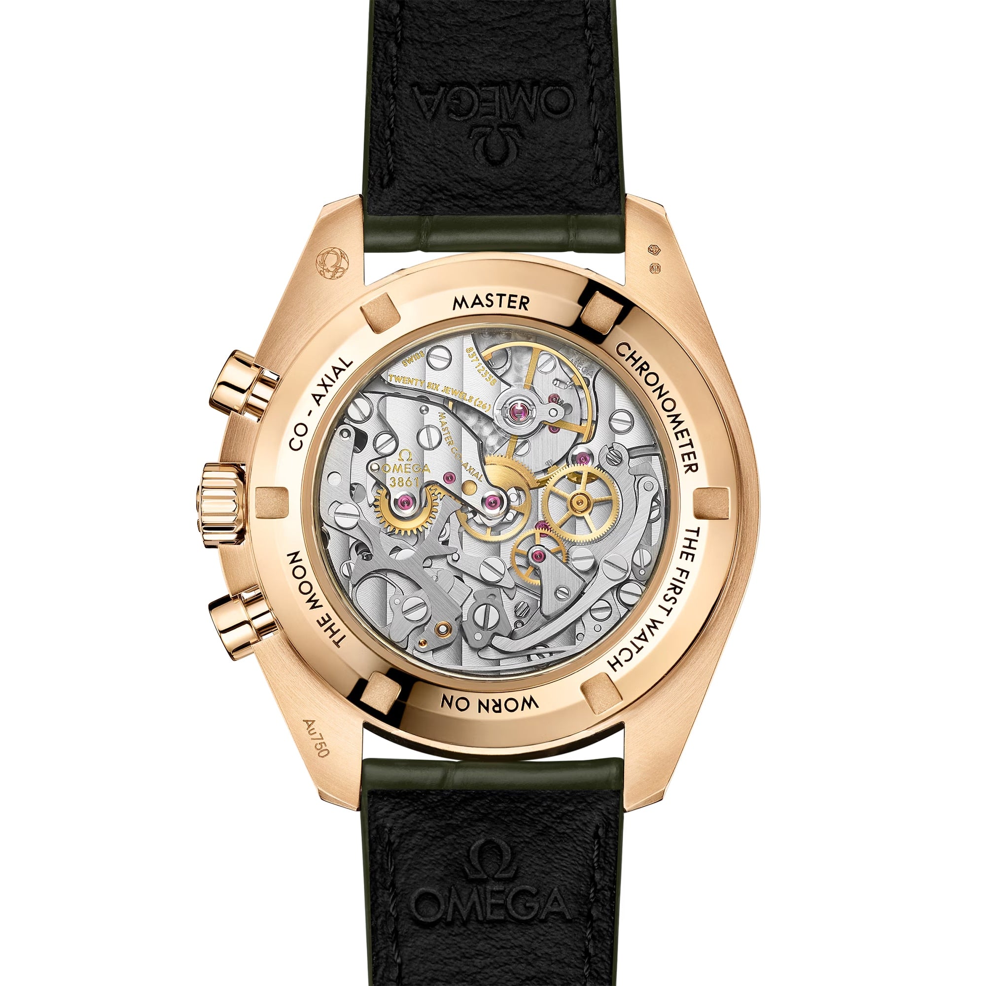 Back view of the OMEGA Speedmaster Moonwatch Professional, with a transparent case back revealing the mechanical movement and engraved details, shown on a black leather strap.