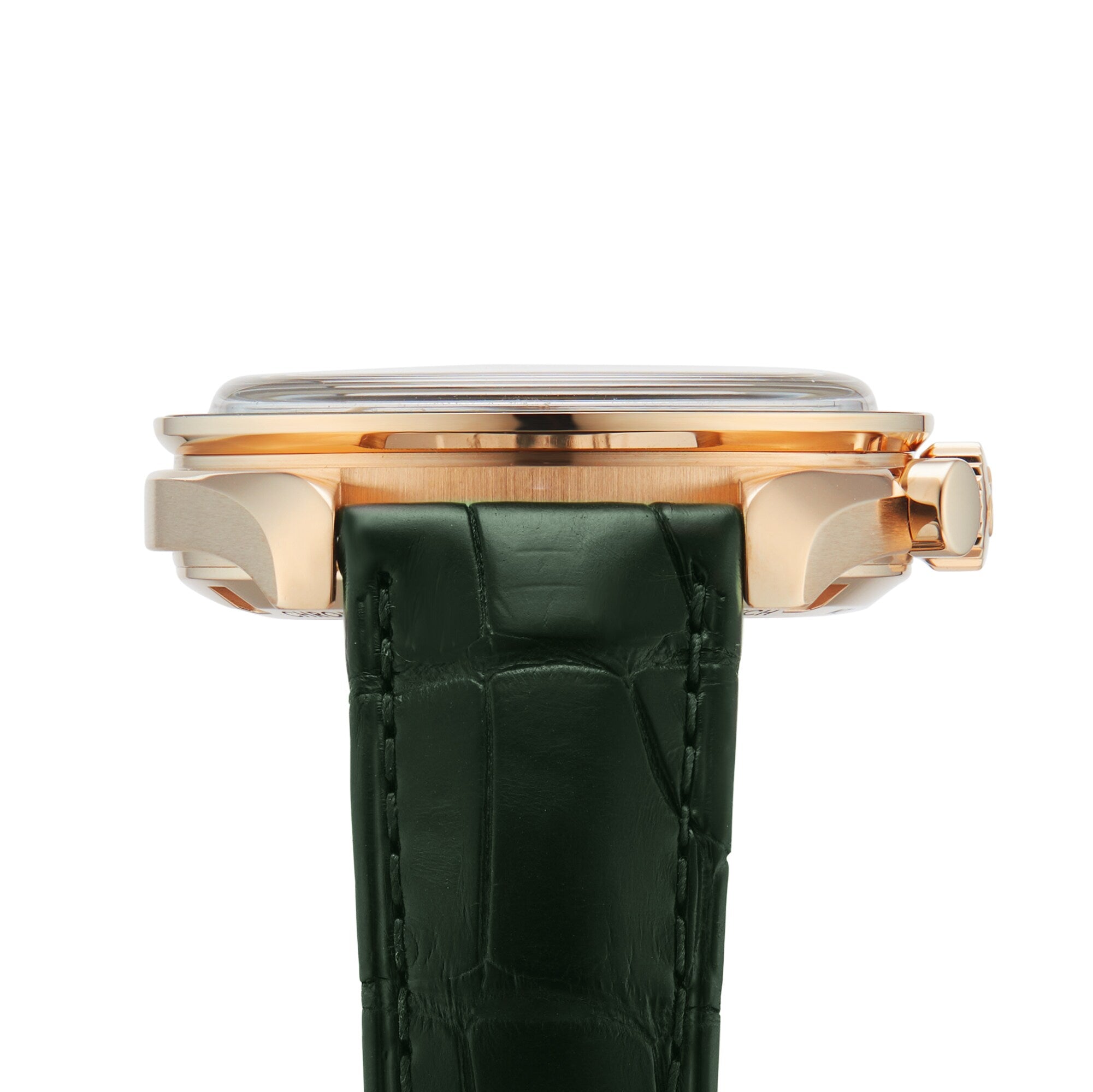 Side view of a gold OMEGA Speedmaster Moonwatch Professional wristwatch with a green leather strap and the crown positioned on the right side.