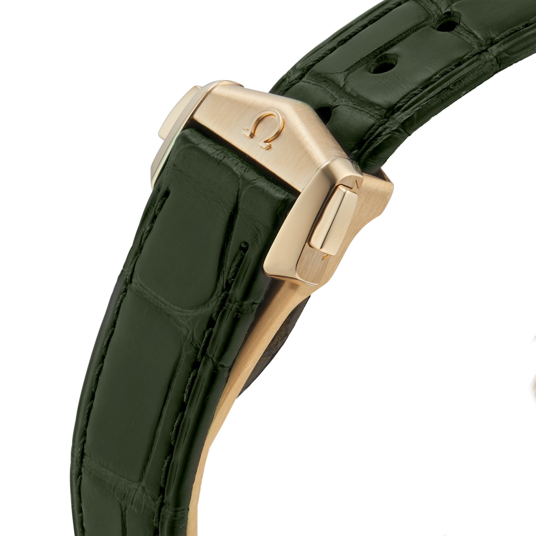 Close-up of a green alligator leather strap with a gold OMEGA clasp, designed to pair perfectly with the Speedmaster Moonwatch Professional or any OMEGA Co-Axial Master Chronometer watch.