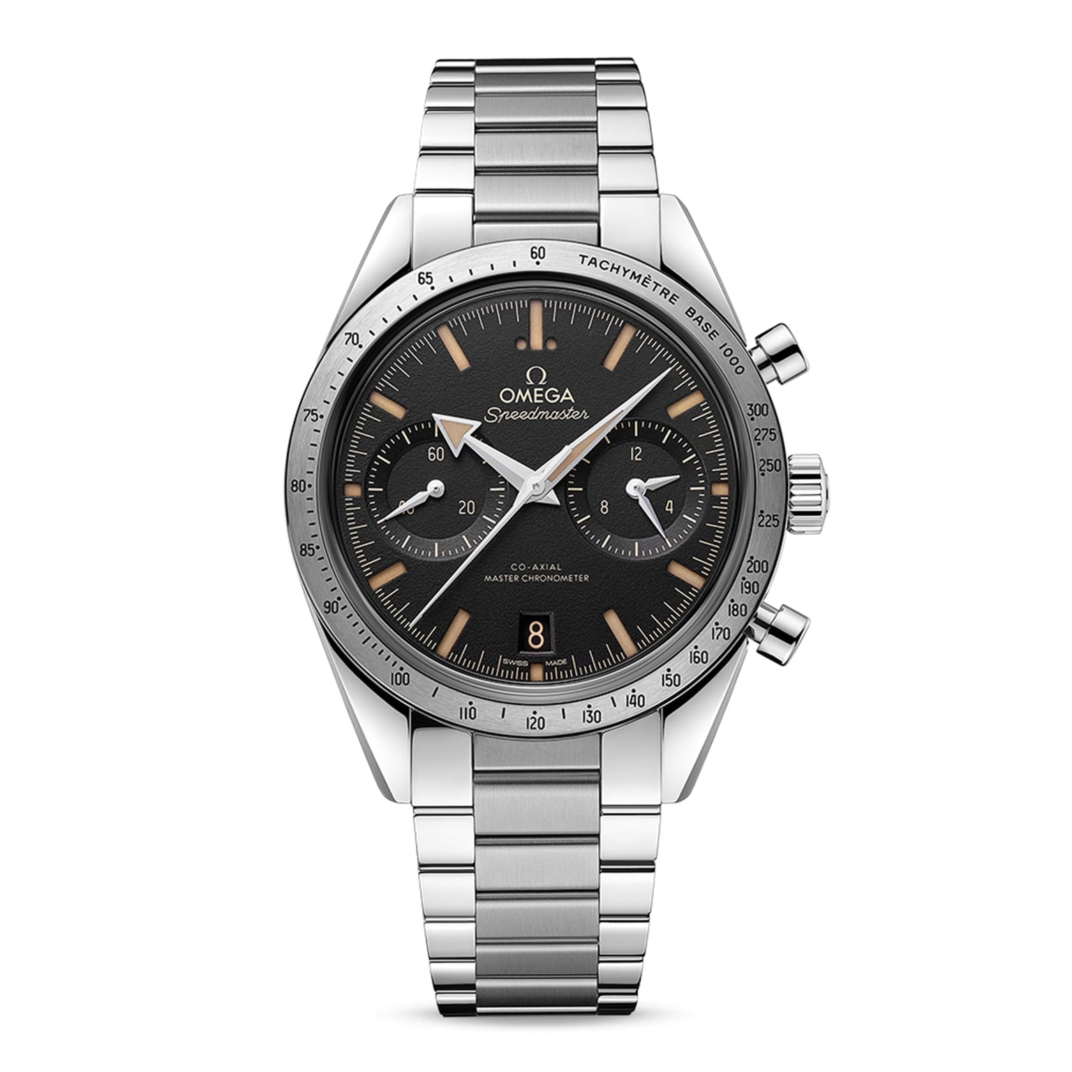 An OMEGA Speedmaster 57 wristwatch in stainless steel, featuring a black dial, tachymeter bezel, three subdials, and Co-Axial Master Chronometer movement, shown on a plain white background.