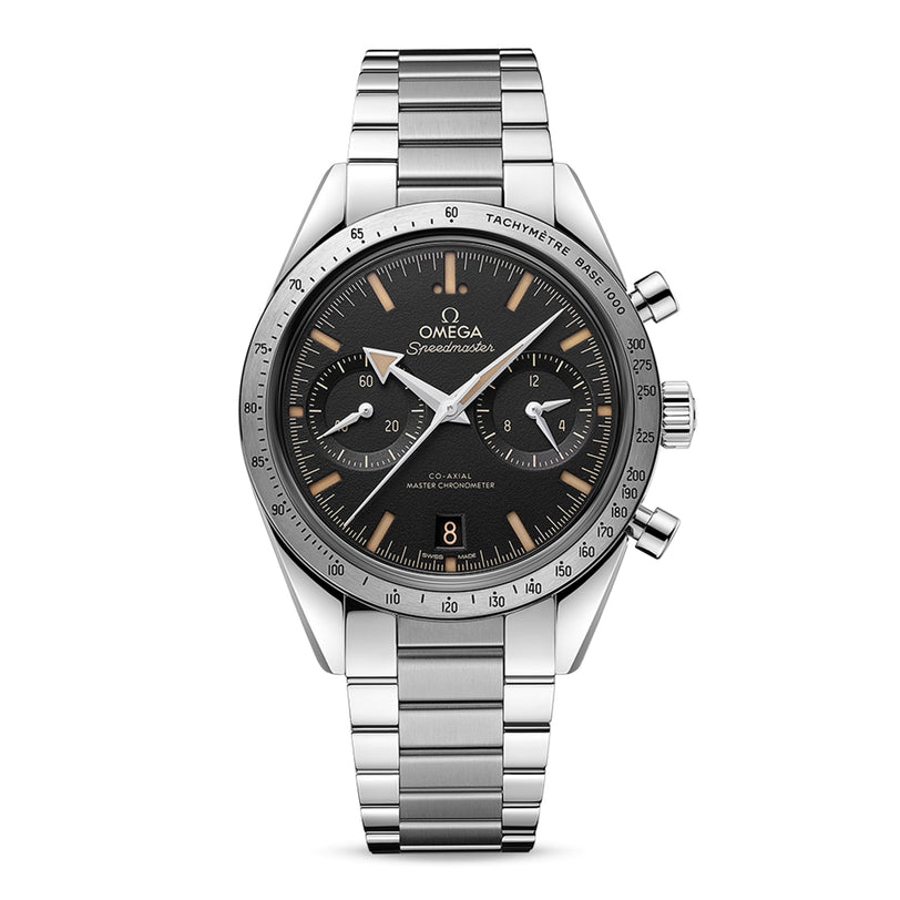 An OMEGA Speedmaster 57 wristwatch in stainless steel, featuring a black dial, tachymeter bezel, three subdials, and Co-Axial Master Chronometer movement, shown on a plain white background.