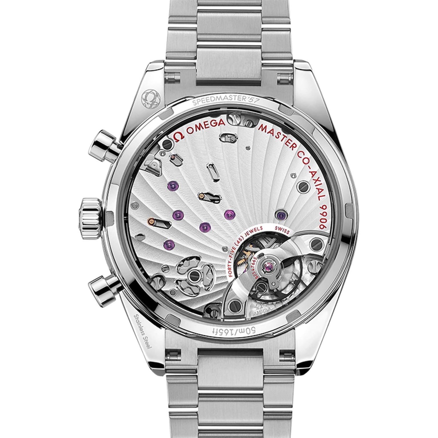 The back view of the OMEGA Speedmaster 57 reveals its stainless steel case and exposed movement with visible gears and engraved details, all complemented by a matching steel bracelet.