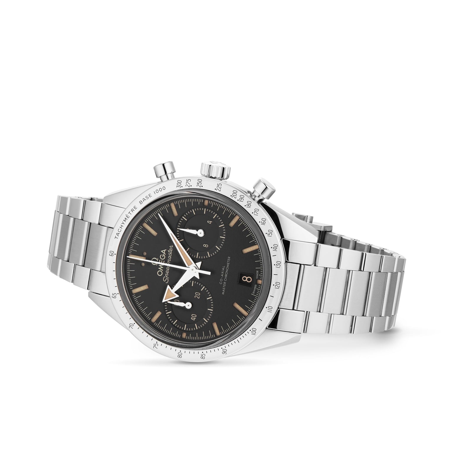 An OMEGA Speedmaster 57 stainless steel chronograph wristwatch with a black dial, three subdials, metal bracelet, and Co-Axial Master Chronometer movement, shown on a white background.