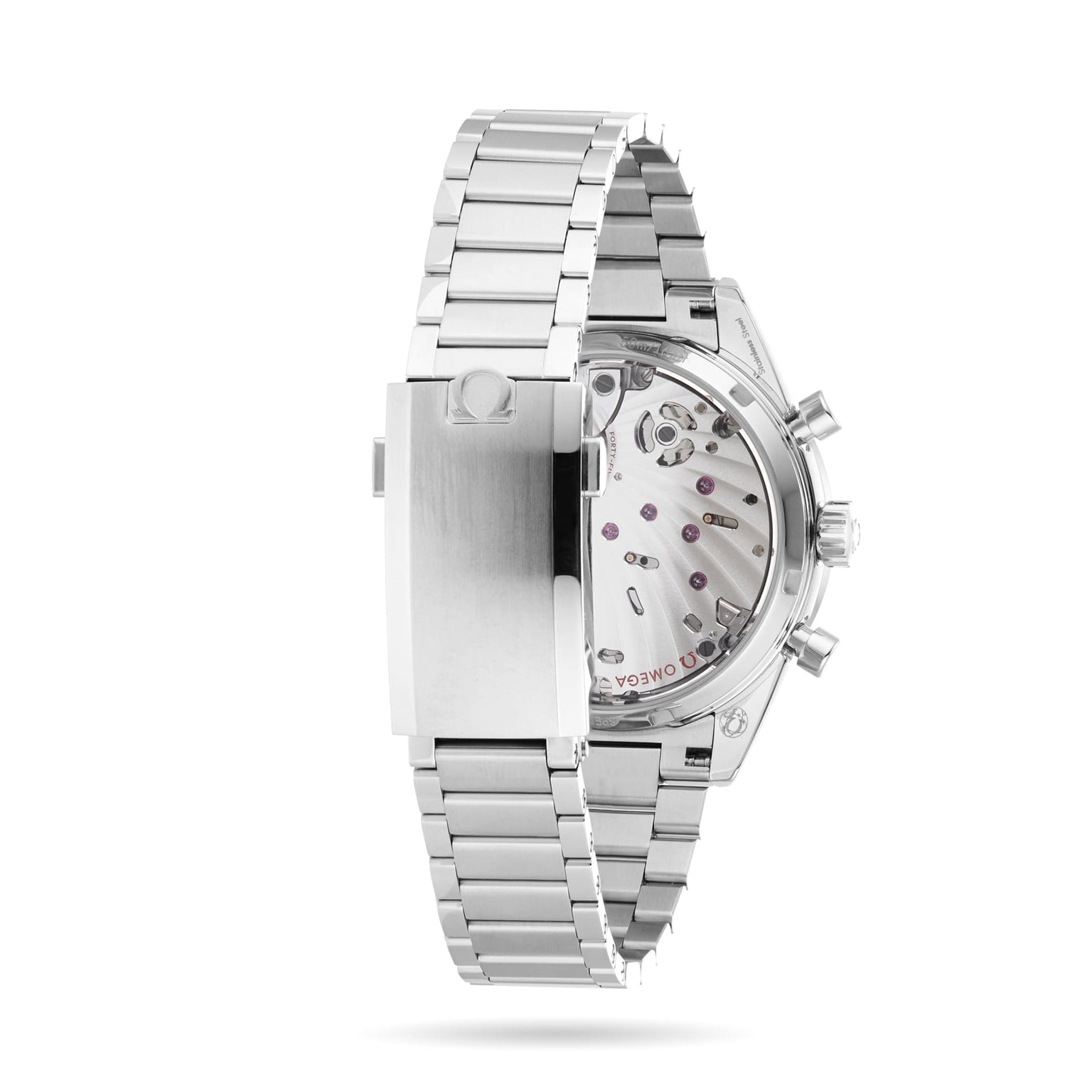 A close-up of the back of an OMEGA Speedmaster 57 watch, showcasing its stainless steel case, metal bracelet, and exposed mechanical movement.