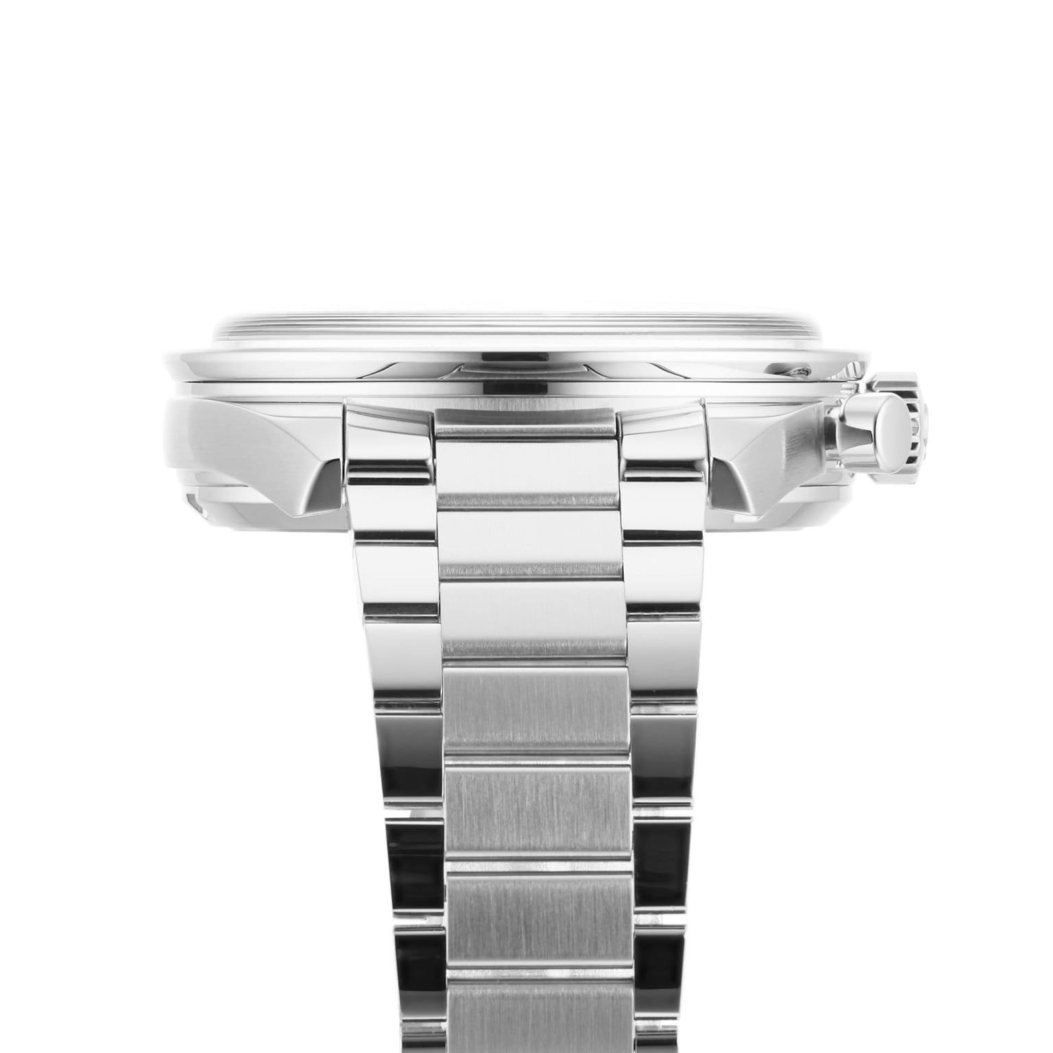 Side view of an OMEGA Speedmaster 57 wristwatch with a stainless steel case, metal link bracelet, and visible crown against a white background.