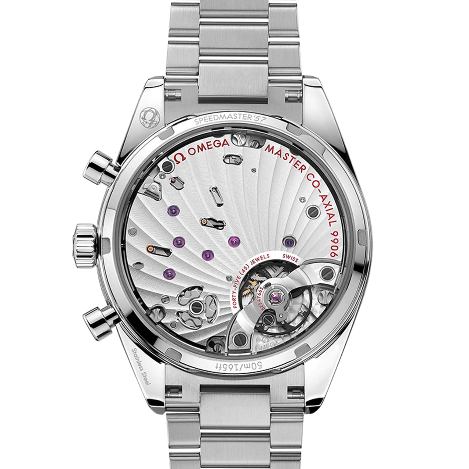 Back view of the OMEGA Speedmaster 57 displaying its mechanical movement through a transparent case back, with visible gears, jewels, engraved details, and Master Chronometer certification.