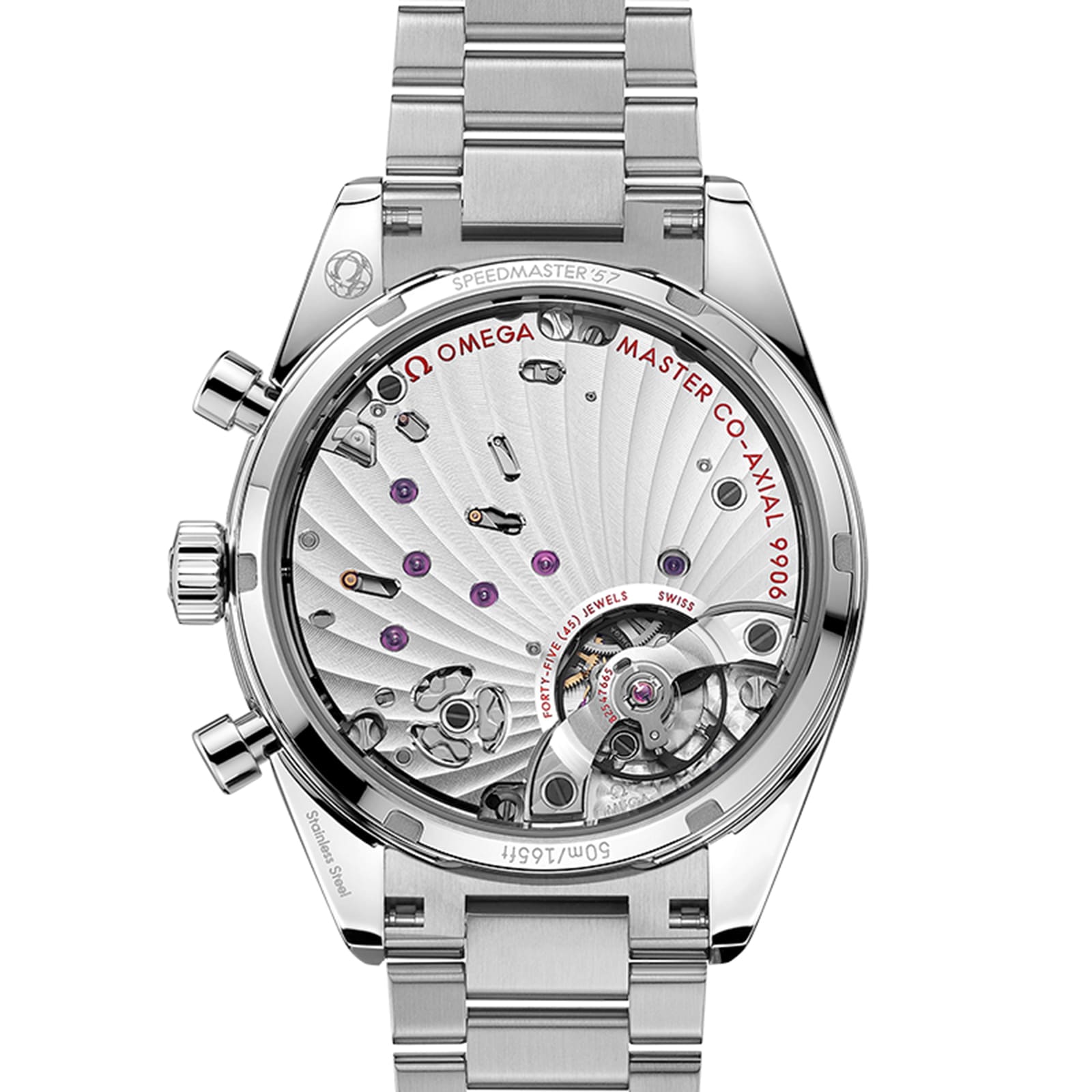 Back view of the OMEGA Speedmaster 57 displaying its mechanical movement through a transparent case back, with visible gears, jewels, engraved details, and Master Chronometer certification.