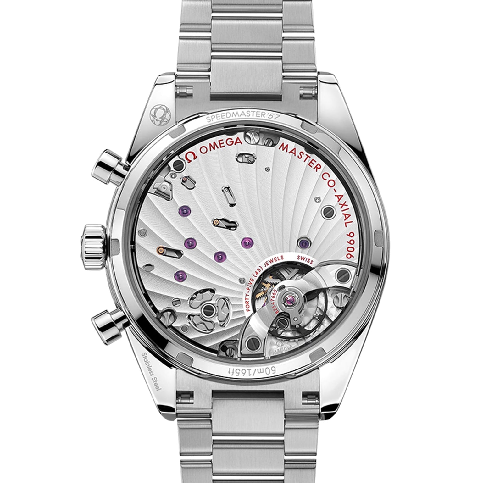 Close-up of the transparent case back of the OMEGA Speedmaster 57, showing the detailed 9906 calibre movement and internal components certified as a Master Chronometer.