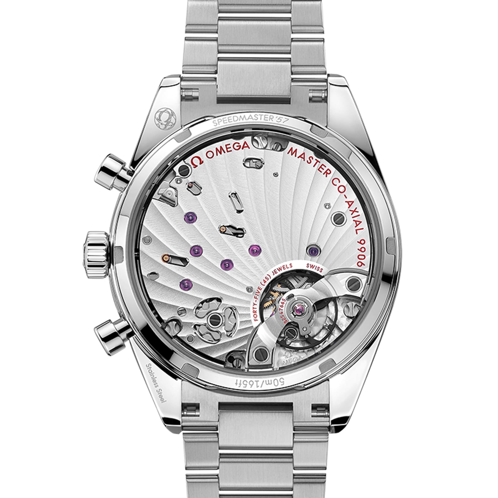 Close-up of the transparent case back of the OMEGA Speedmaster 57, showing the detailed 9906 calibre movement and internal components certified as a Master Chronometer.