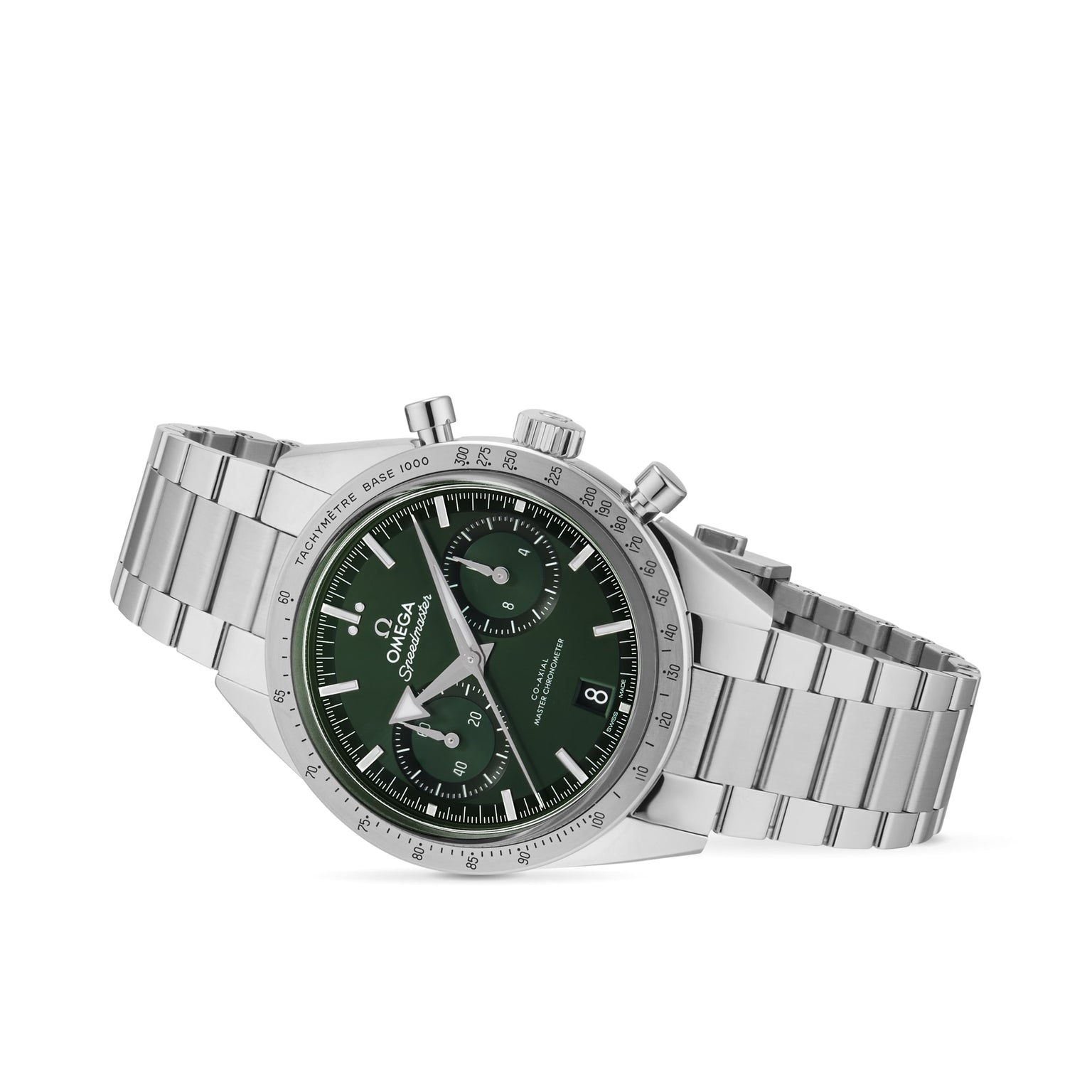 The OMEGA Speedmaster 57, a stainless steel wristwatch with a green dial, chronograph subdials, date window, and metal bracelet featuring the precise 9906 calibre movement, is displayed at an angle on a white background.