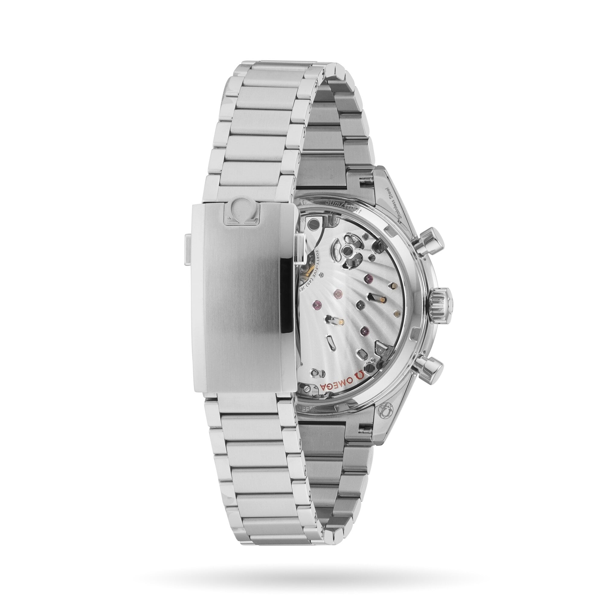 An OMEGA Speedmaster 57 wristwatch in stainless steel, featuring a visible 9906 calibre movement, metal bracelet, and closed clasp, is photographed against a plain white background.