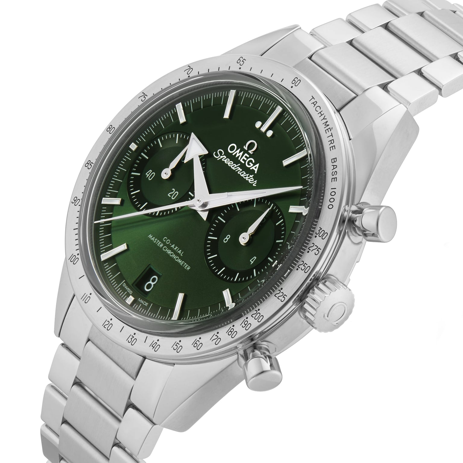 The OMEGA Speedmaster 57 is a stainless steel wristwatch featuring a green dial, three subdials, tachymeter bezel, metal bracelet, 9906 calibre movement, and Master Chronometer certification.