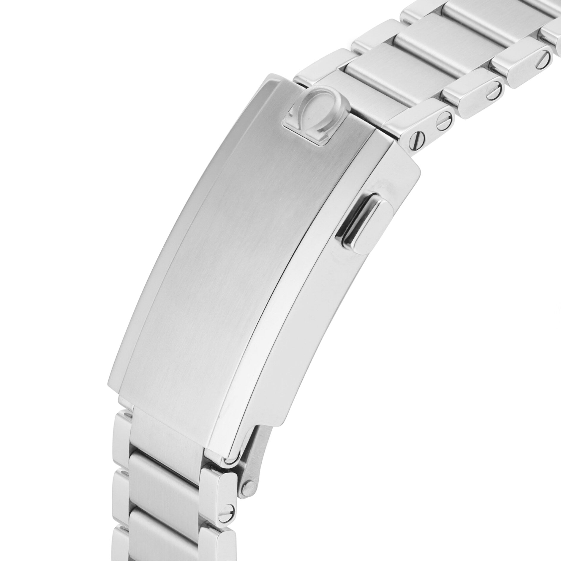 Close-up of a silver brushed metal clasp with button-release, crafted to complement the OMEGA Speedmaster 57 and its precision 9906 calibre movement.