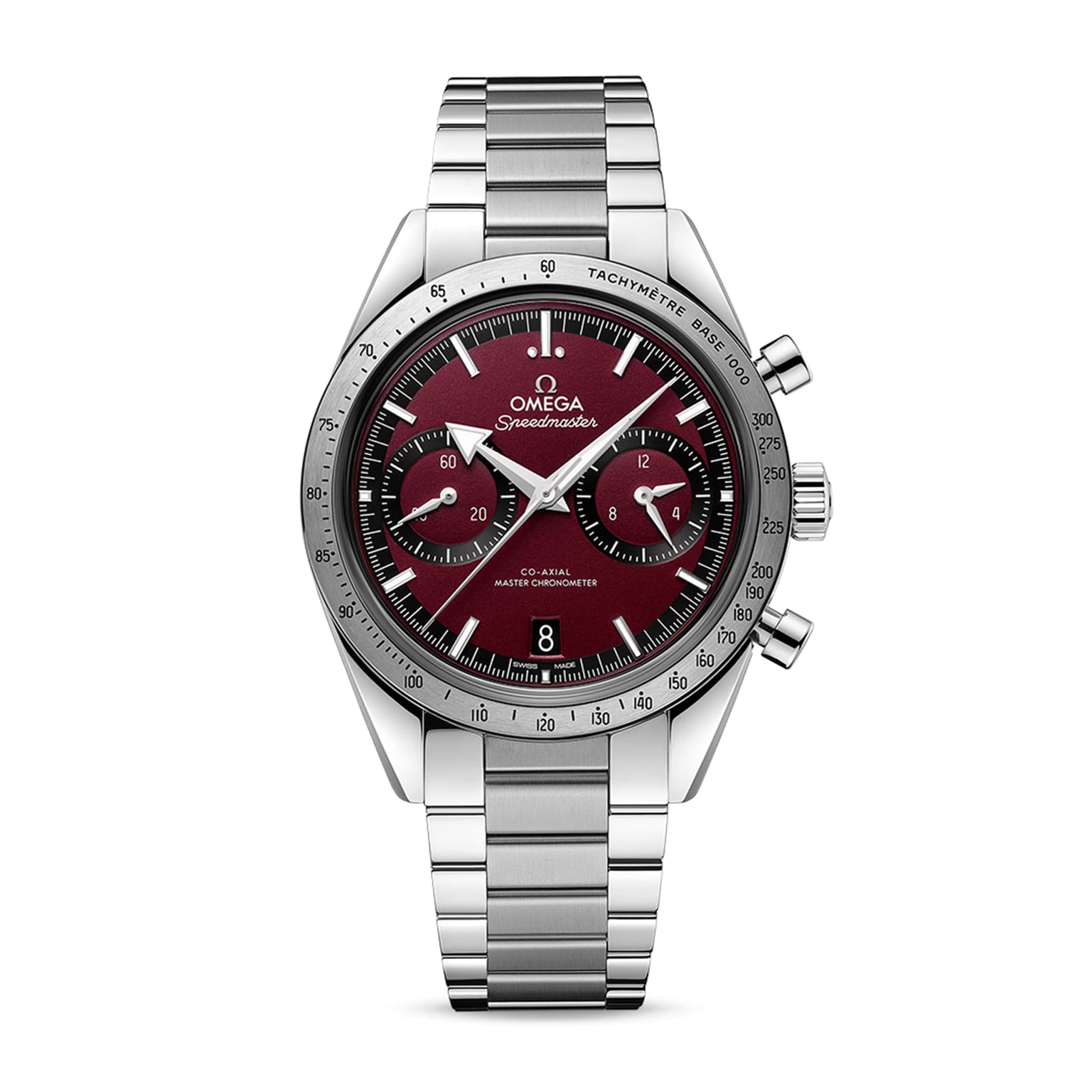 OMEGA Speedmaster 57 wristwatch with stainless steel case and band, burgundy dial, three subdials, date display, and tachymeter bezel.