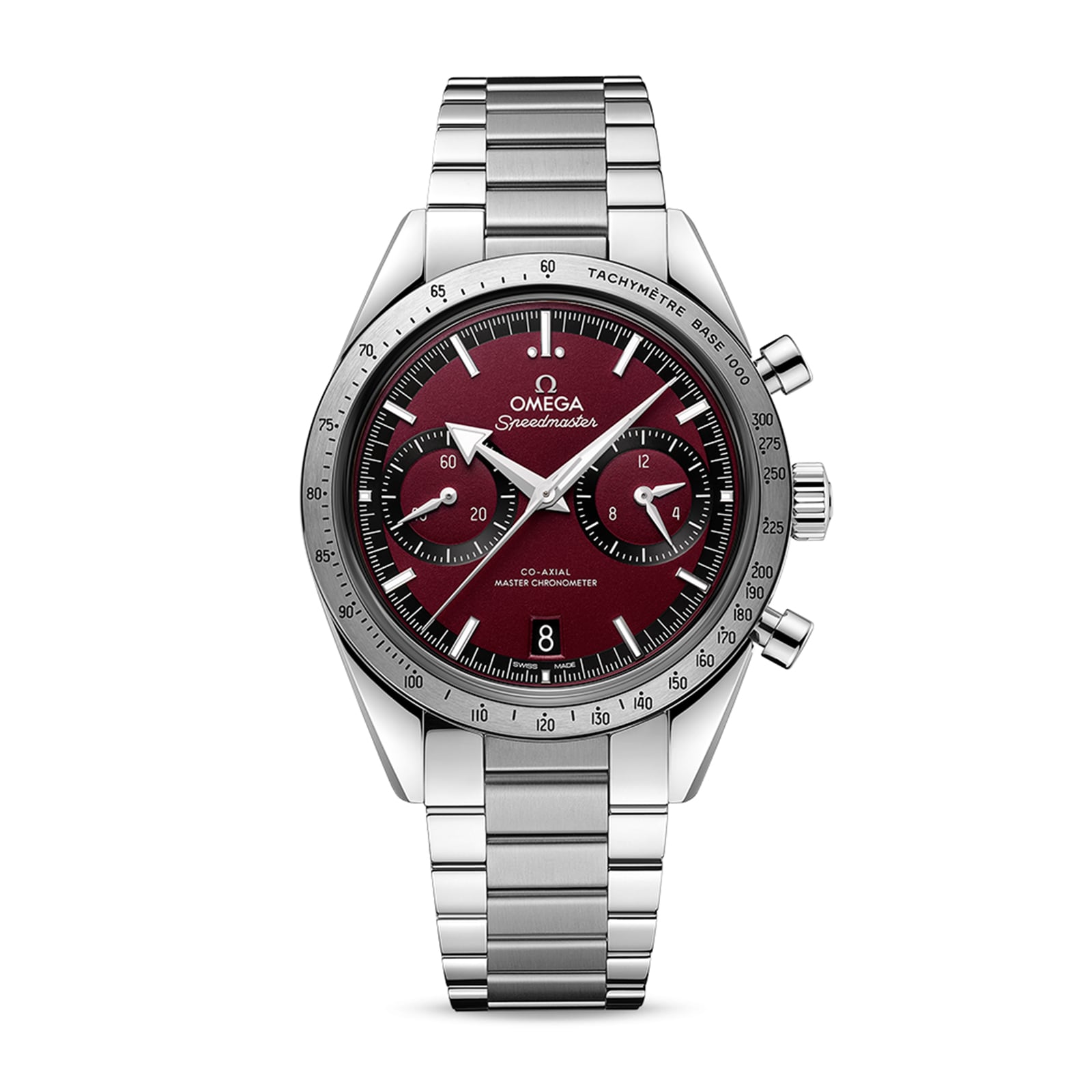 OMEGA Speedmaster 57 wristwatch with stainless steel case and band, burgundy dial, three subdials, date display, and tachymeter bezel.