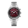 OMEGA Speedmaster 57 wristwatch with stainless steel case and band, burgundy dial, three subdials, date display, and tachymeter bezel.