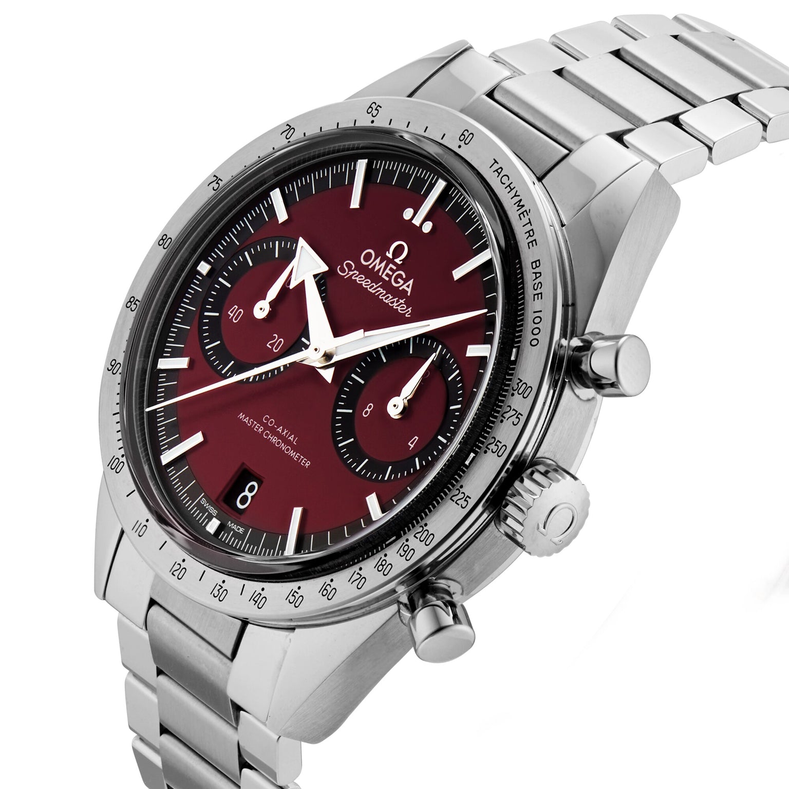 The OMEGA Speedmaster 57 is a stainless steel watch with a Master Chronometer movement, burgundy dial, chronograph subdials, date display, tachymeter bezel, and a metal bracelet.
