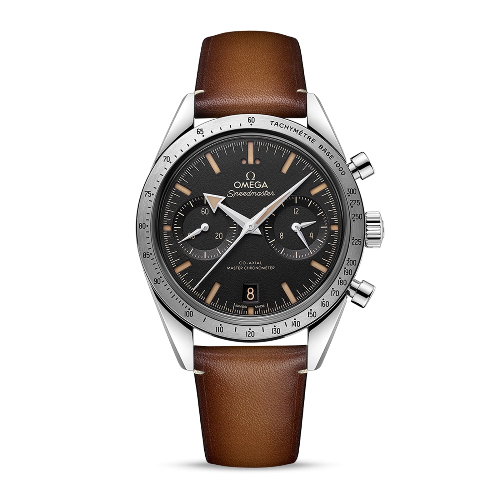 An OMEGA Speedmaster 57 chronograph watch with a black dial, brown leather strap, stainless steel case, Master Chronometer certification, and tachymeter bezel is displayed on a white background.