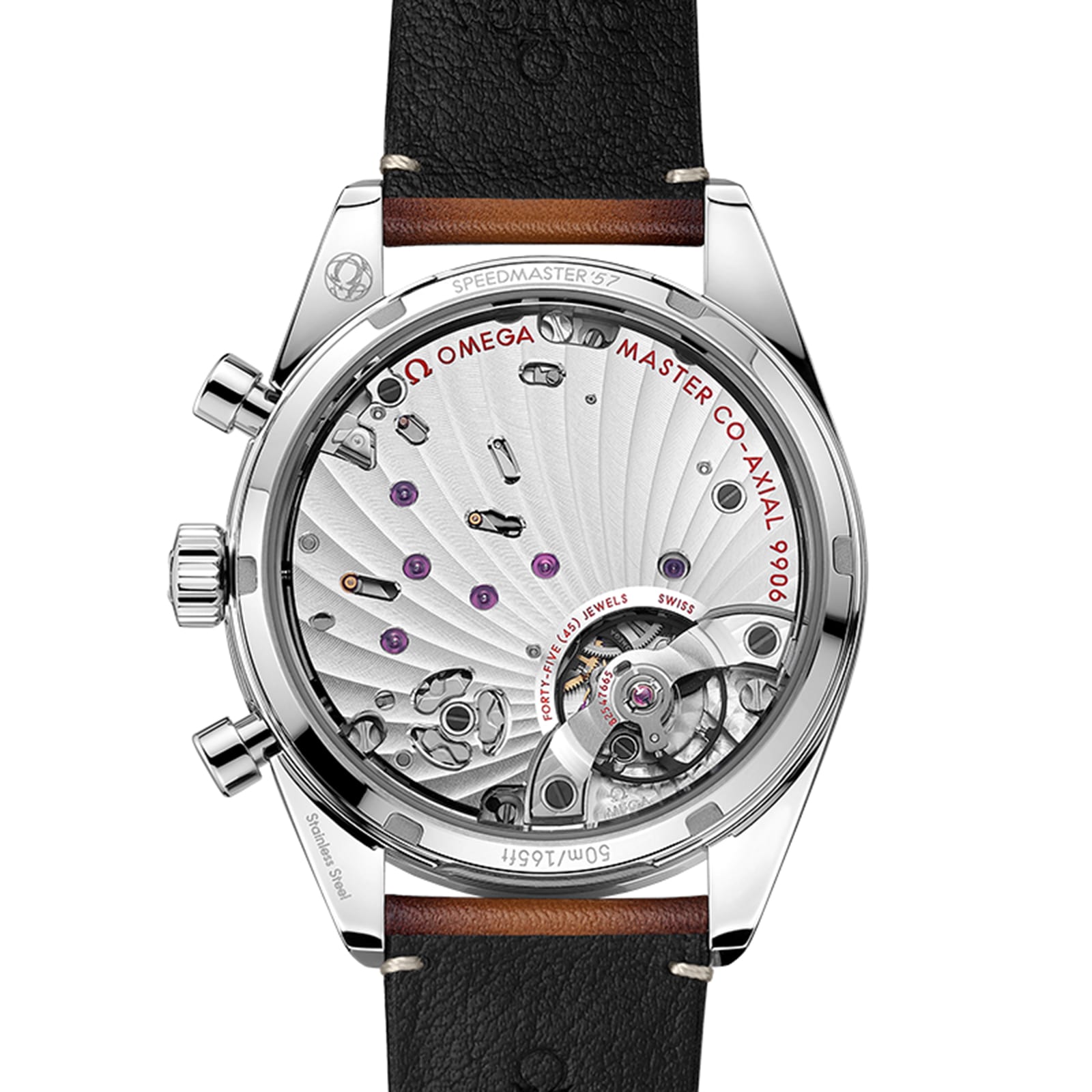 Close-up of the back of the OMEGA Speedmaster 57, showcasing its intricate co-axial movement and engraved stainless steel case details.