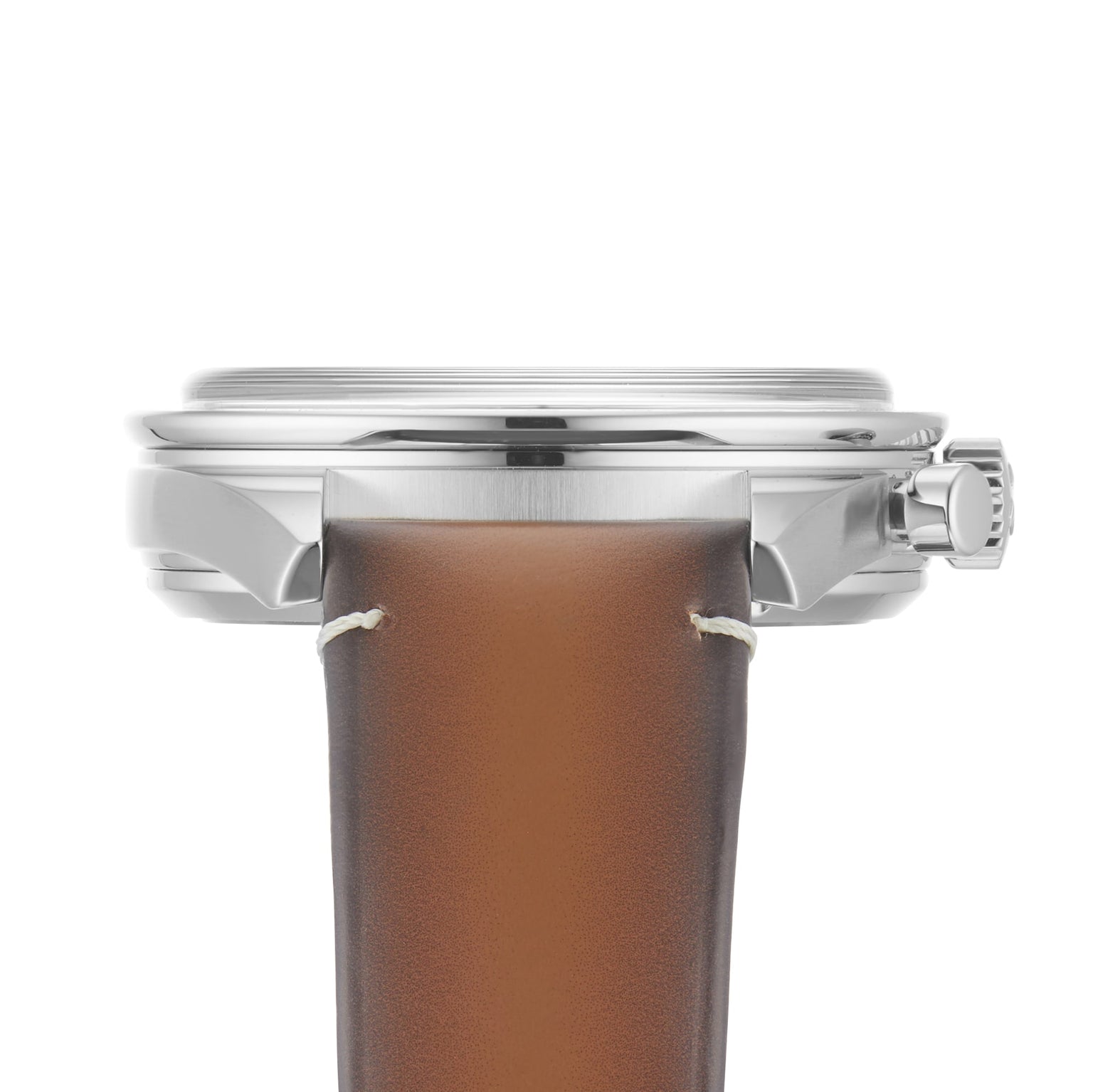 Side view of the OMEGA Speedmaster 57 wristwatch with a brown leather strap, silver casing, ridged crown on the right, and featuring the advanced 9906 calibre movement.