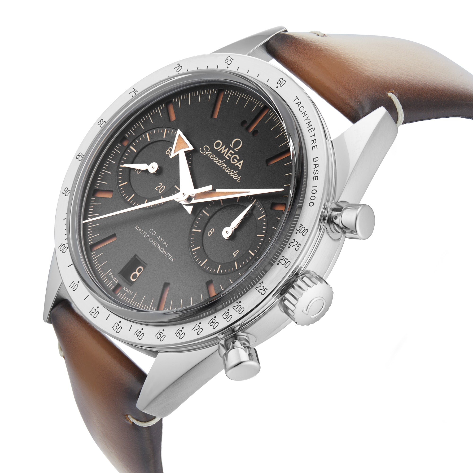 A close-up of the OMEGA Speedmaster 57, featuring a brown leather strap, black dial with chronograph subdials, silver bezel, and precise 9906 calibre movement.