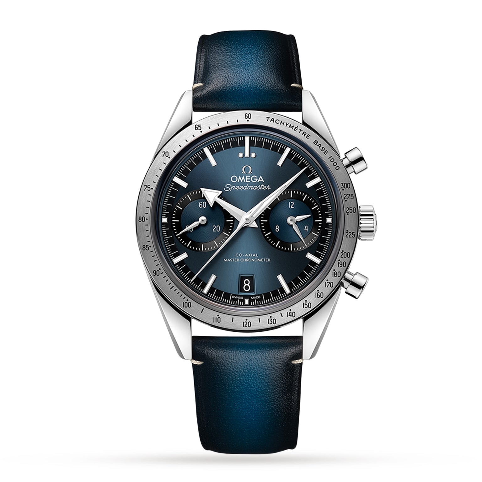 The OMEGA Speedmaster 57 features a stainless steel case, blue gradient dial with three subdials, date display, tachymeter scale, and a blue leather strap.