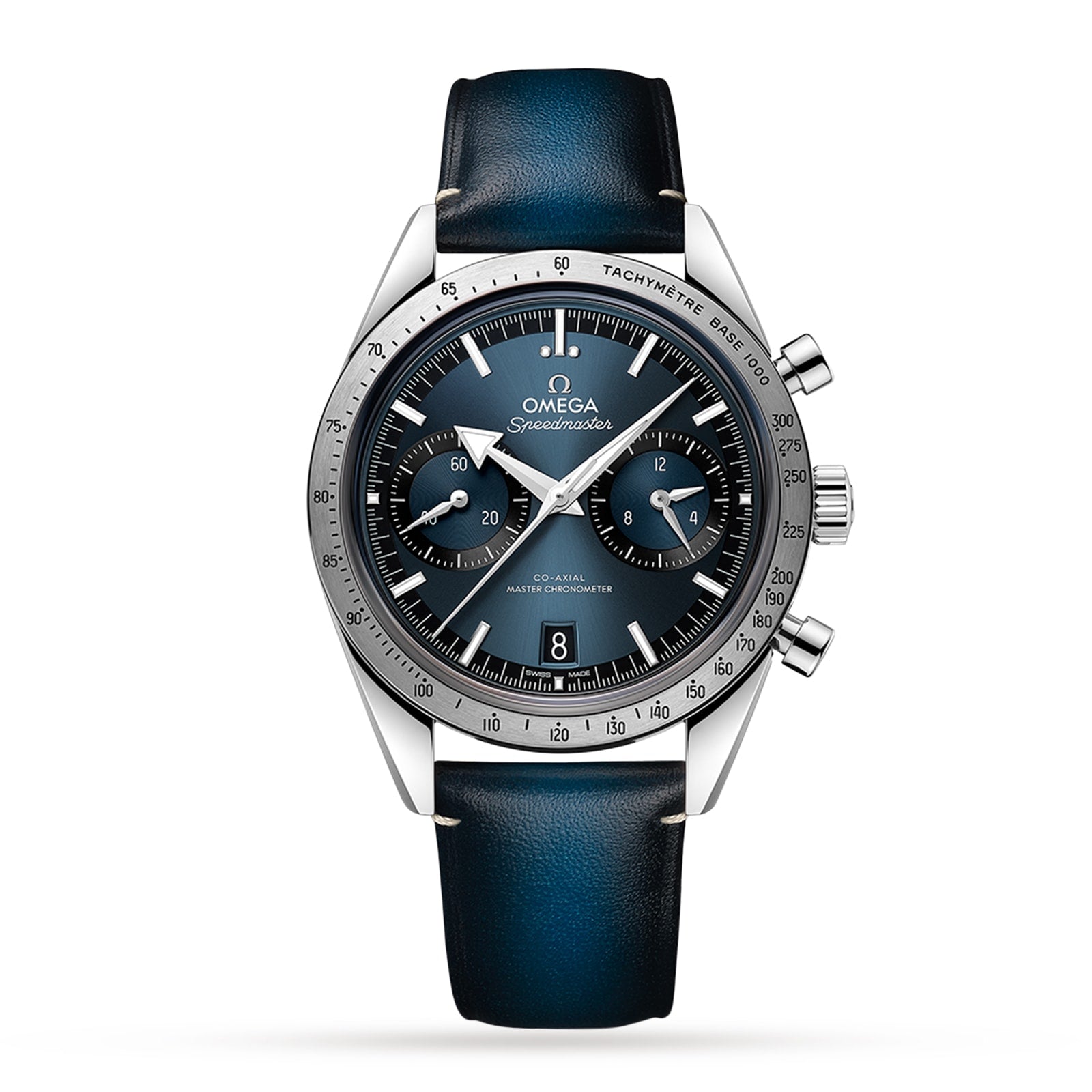 The OMEGA Speedmaster 57 features a stainless steel case, blue gradient dial with three subdials, date display, tachymeter scale, and a blue leather strap.