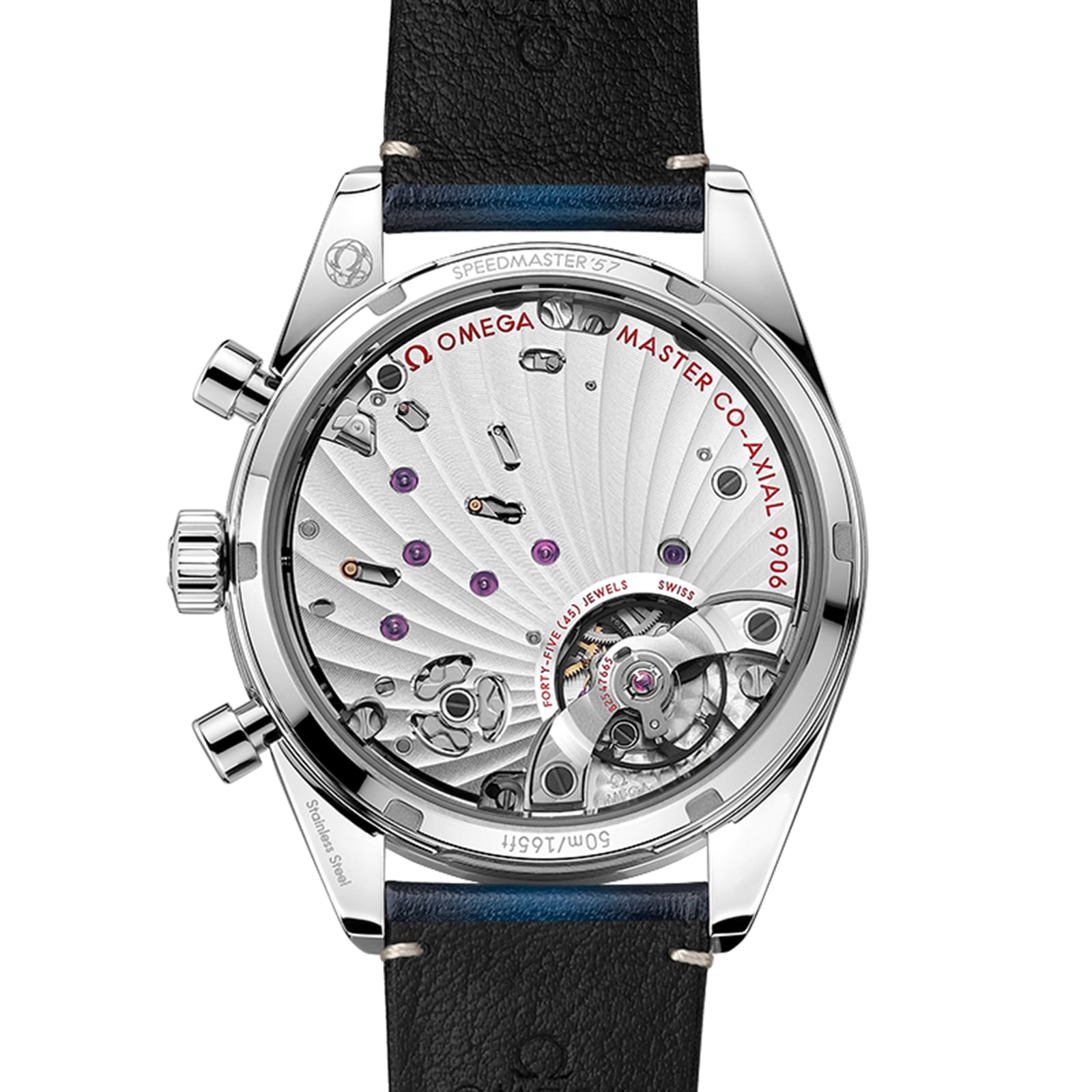 Back view of the OMEGA Speedmaster 57, showing a transparent case back that reveals its detailed mechanical movement and jewel bearings, with engraved text noting its Master Chronometer certification.